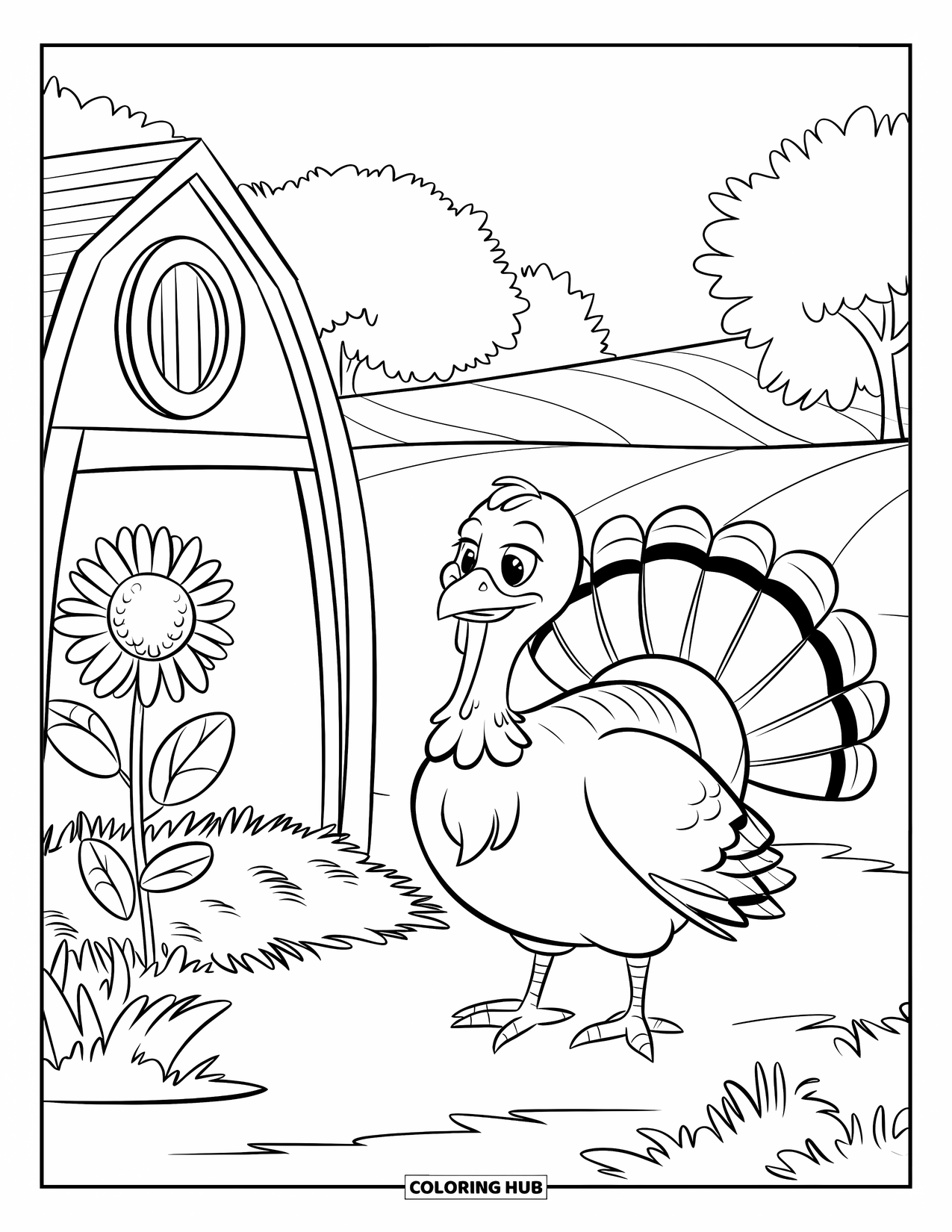 Turkey Coloring Page for Kids: A cheerful turkey stands near a barn with hay and sunflower blooms