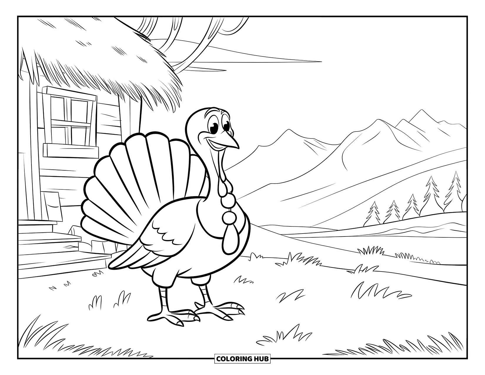 Turkey Coloring Page for Kids: A cool turkey stands near a cabin with mountains and trees in the distance