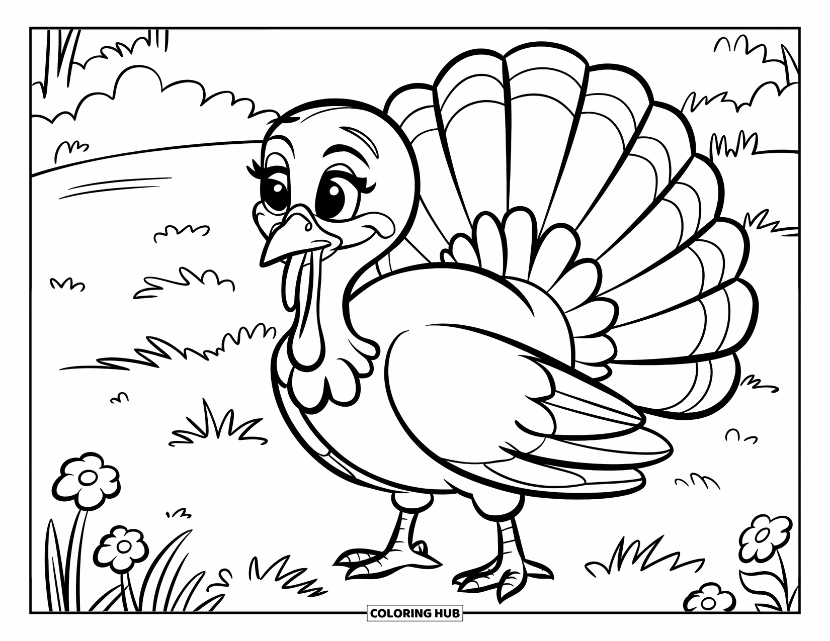 Turkey Coloring Page for Kids: A cute turkey stands in a grassy field with flowers all around