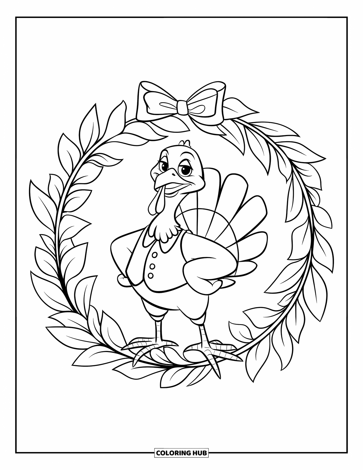Turkey Coloring Page for Kids: A dressed-up turkey poses in the center of a hanging leafy wreath