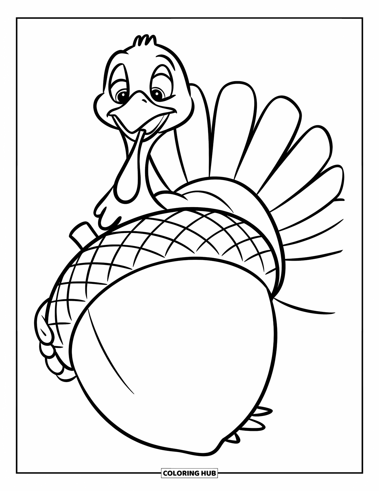Turkey Coloring Page for Kids: A fluffy turkey peeks from behind an acorn with a curious look