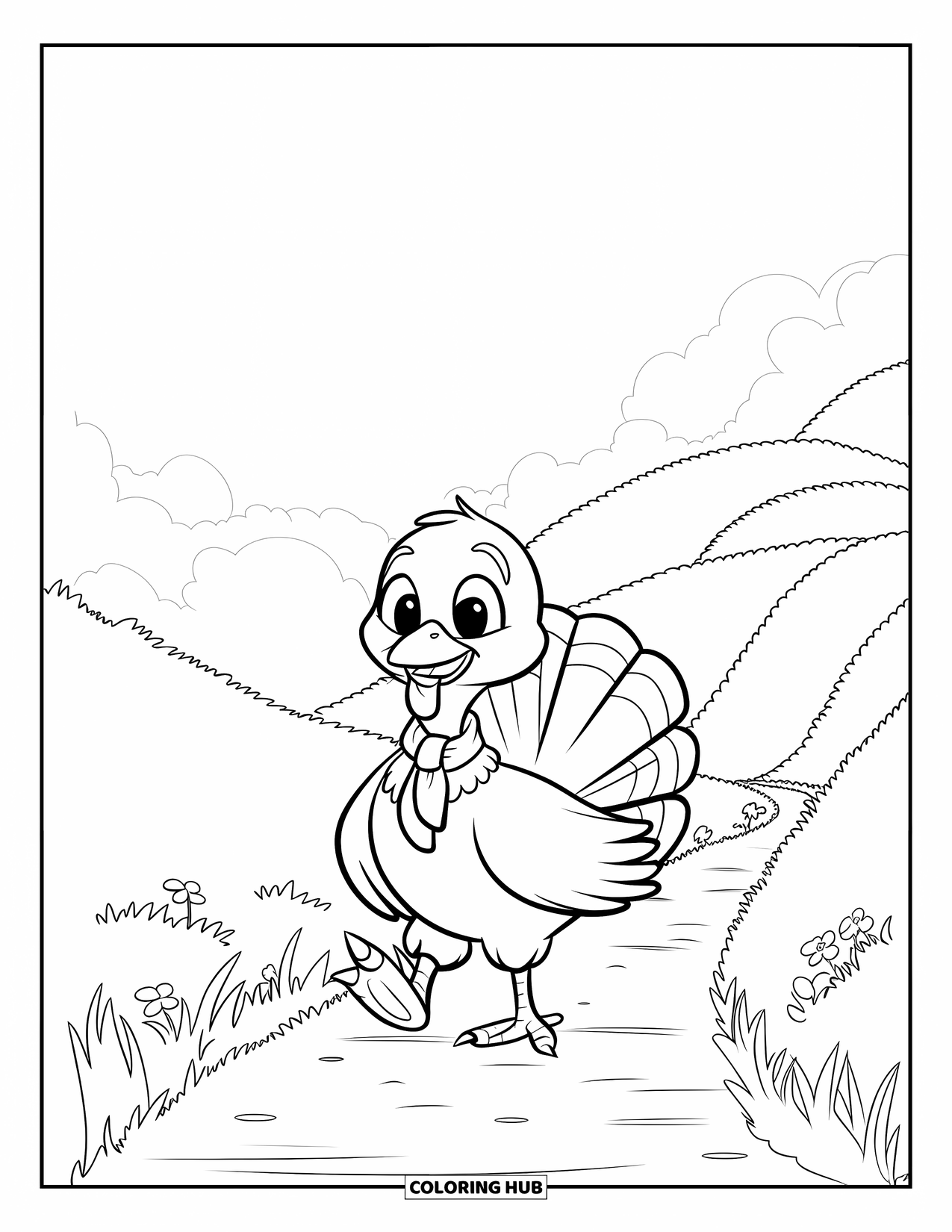Turkey Coloring Page for Kids: A friendly turkey in a red scarf walks on a hill trail with flowers