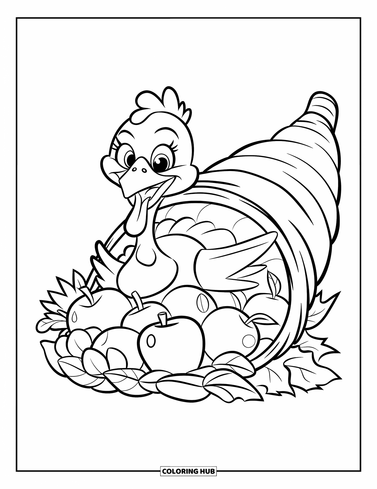Turkey Coloring Page for Kids: A grinning turkey pops out from a cornucopia overflowing with tasty fruits