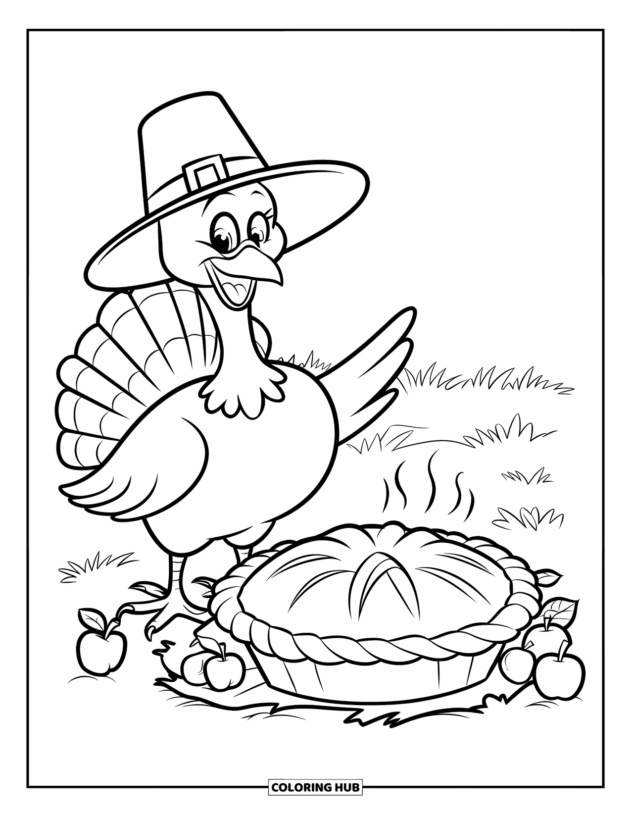 Turkey Coloring Page for Kids: A happy turkey in a pilgrim hat stands by a steaming pie with apples and leaves