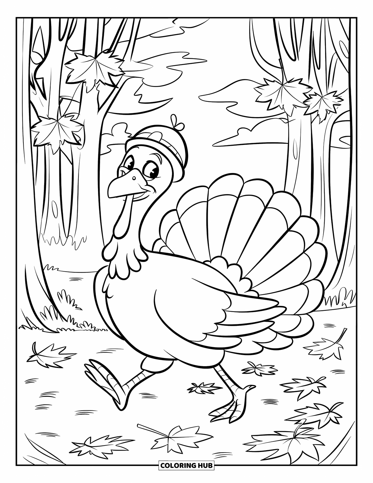 Turkey Coloring Page for Kids: A happy turkey with a waddle trots through a forest with swirling maple leaves