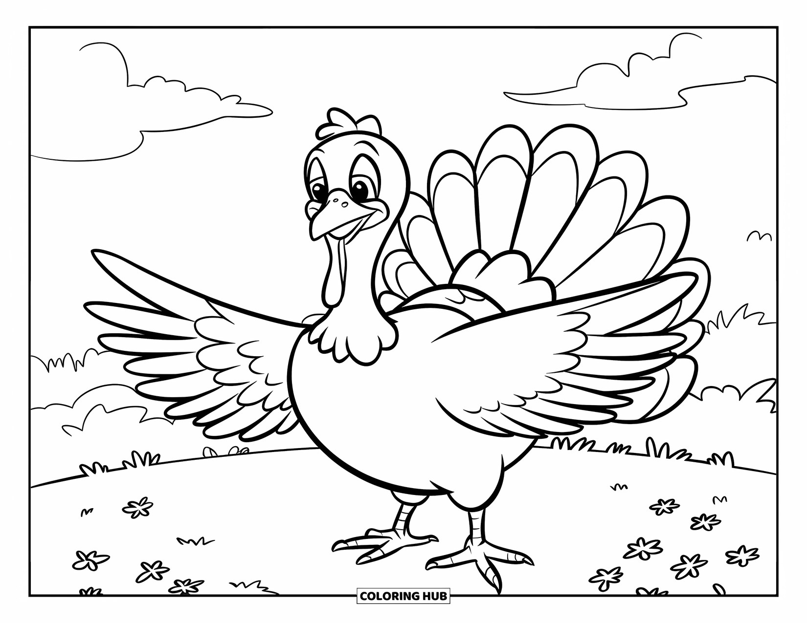 Turkey Coloring Page for Kids: A joyful turkey flaps its wings in a grassy field with flowers