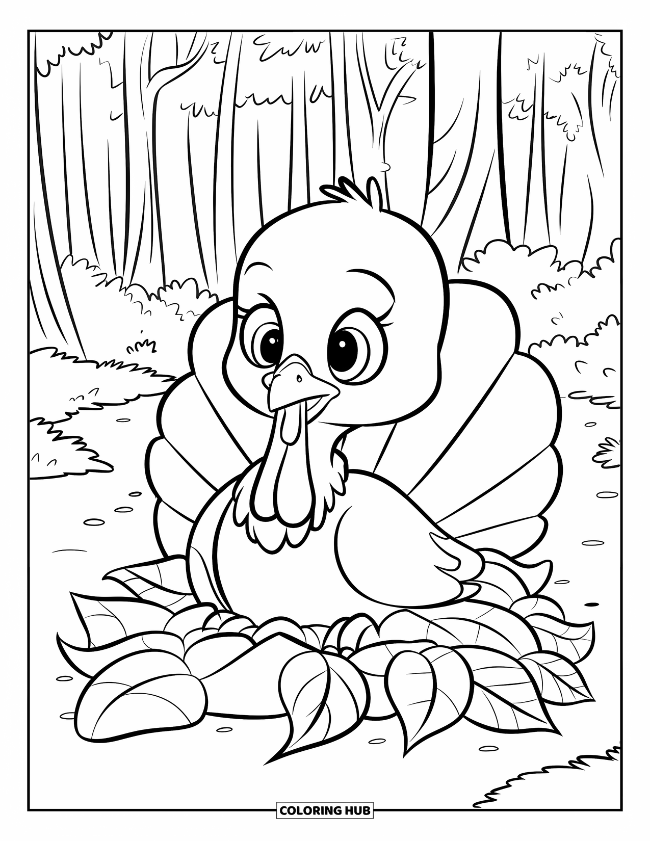 Turkey Coloring Page for Kids: A playful baby turkey snuggles in a pile of leaves beneath tall forest trees