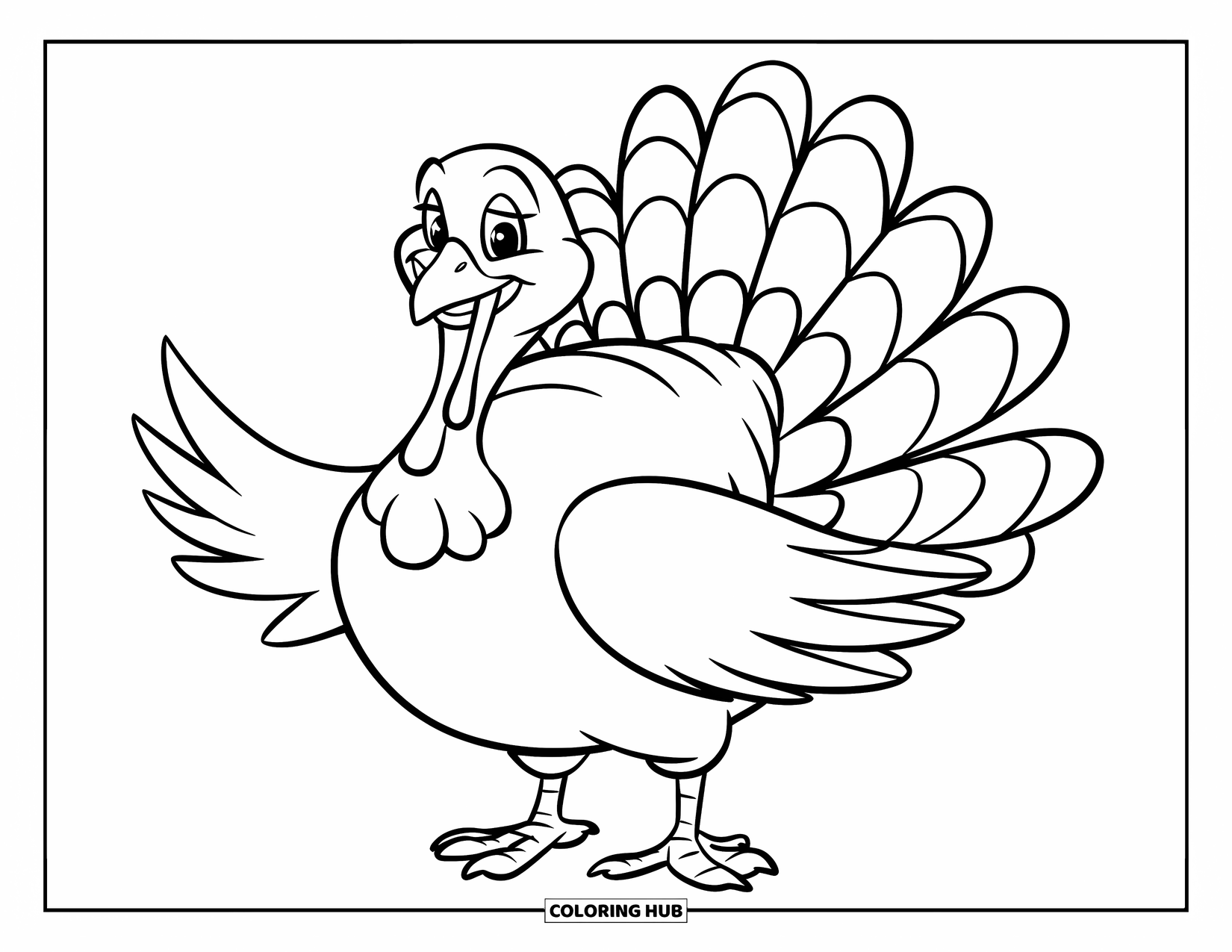 Turkey Coloring Page for Kids: A plump turkey flaps its wings with cartoon-style feathers