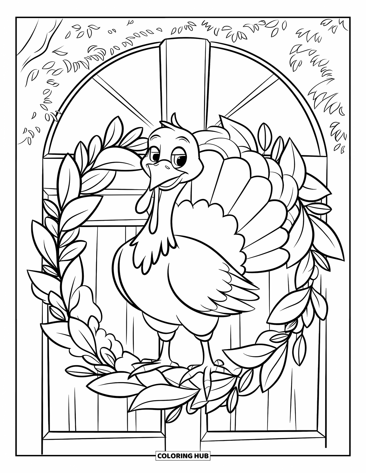 Turkey Coloring Page for Kids: A proud turkey stands in a leafy wreath hanging on a wooden door