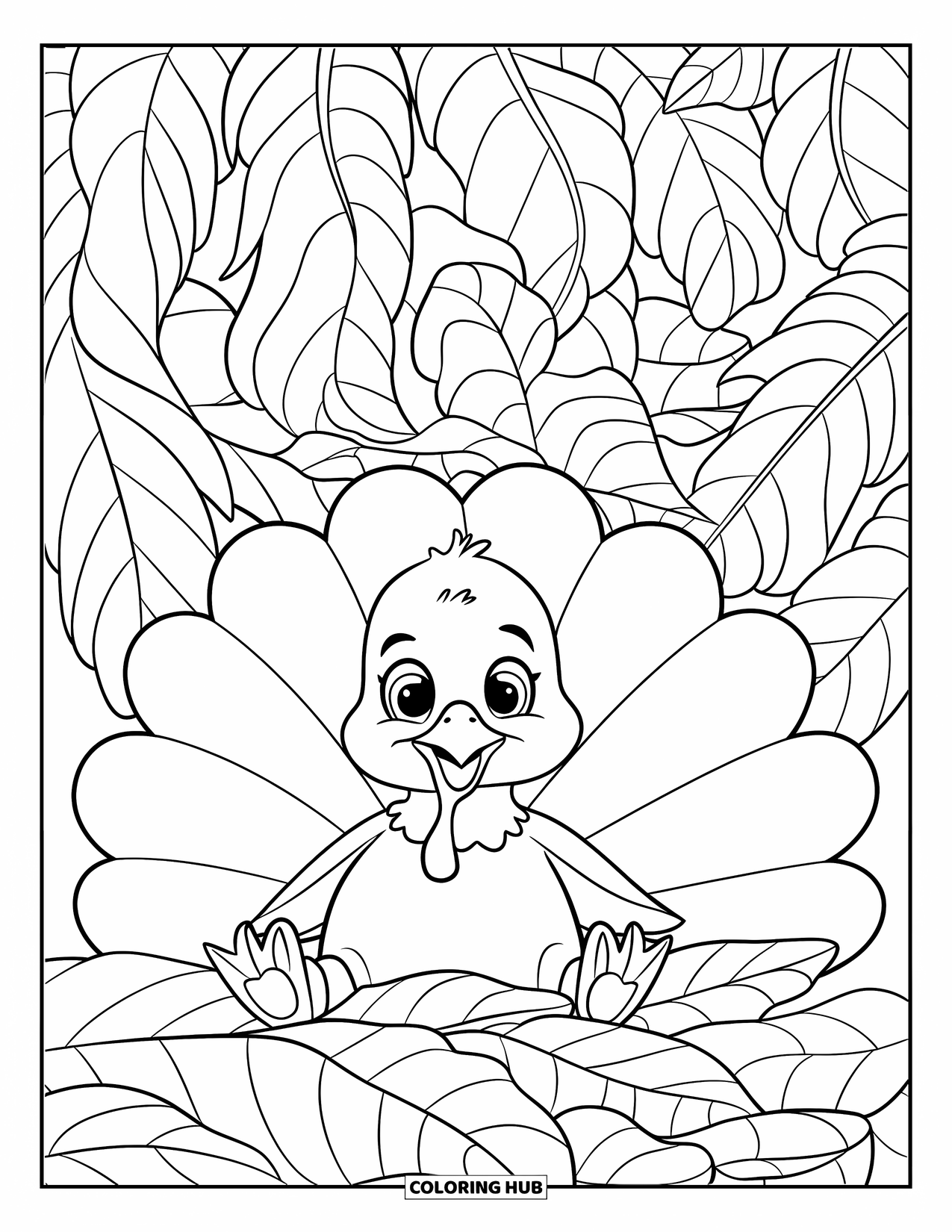 Turkey Coloring Page for Kids: A round baby turkey sits among wavy, oversized leaves in a leafy forest