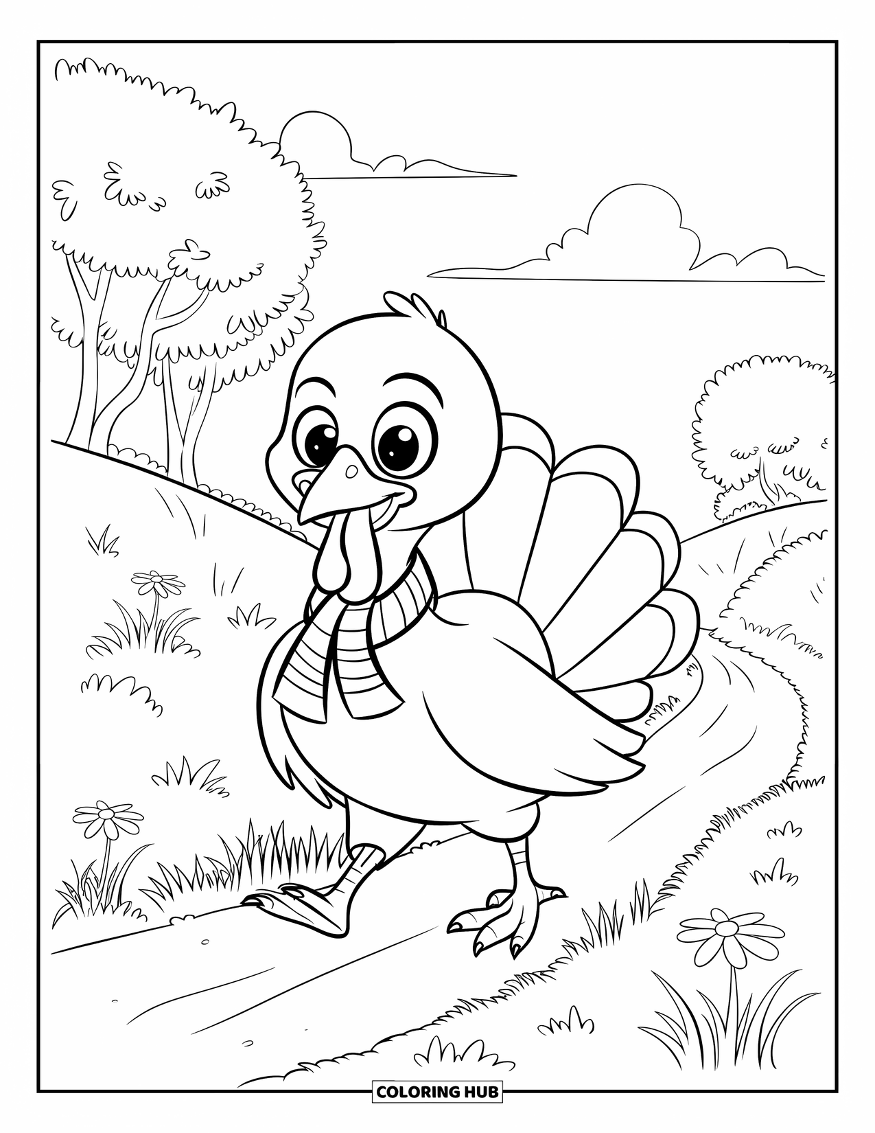 Turkey Coloring Page for Kids: A scarfed turkey walks along a peaceful trail with flowers and grassy hills