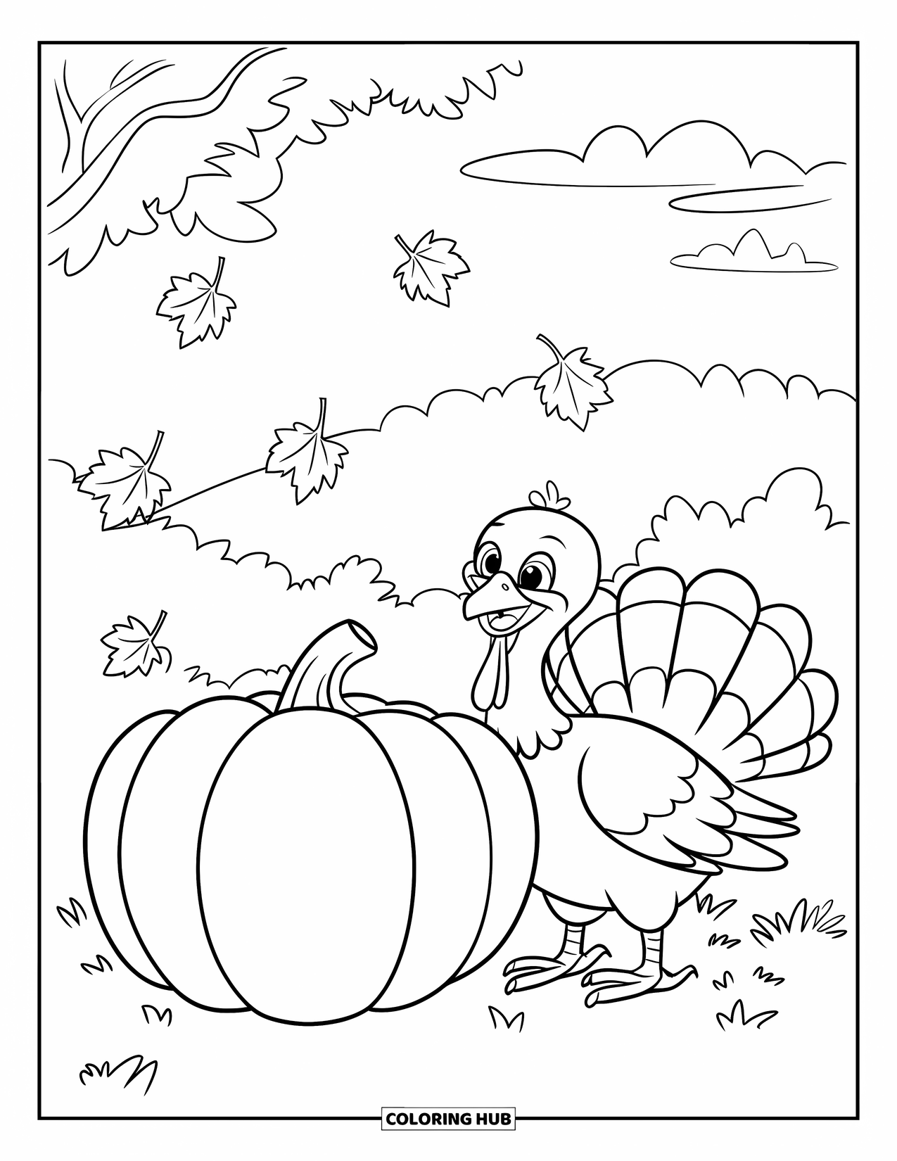 Turkey Coloring Page for Kids: A smiling turkey and a pumpkin rest on grassy ground under drifting autumn leaves