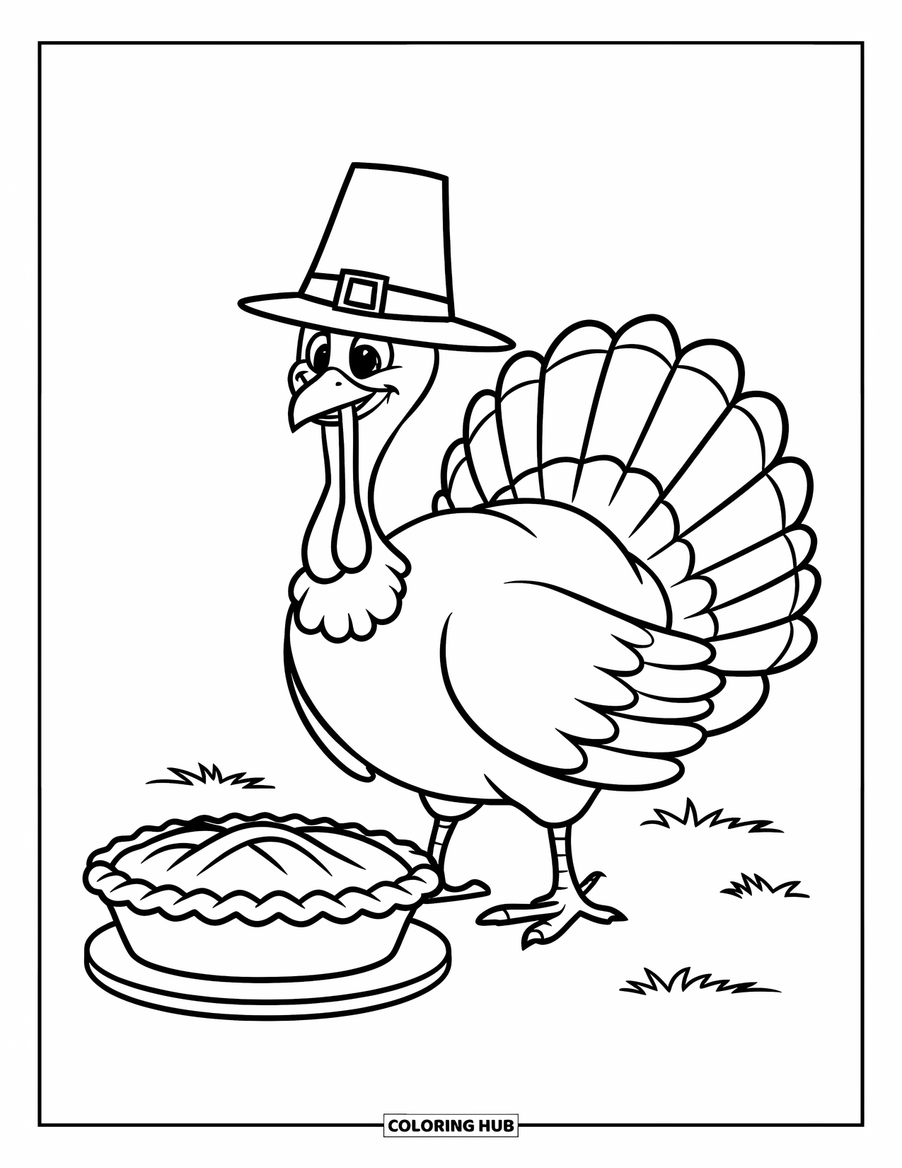 Turkey Coloring Page for Kids: A smiling turkey in a hat stands next to an apple pie on a wooden board