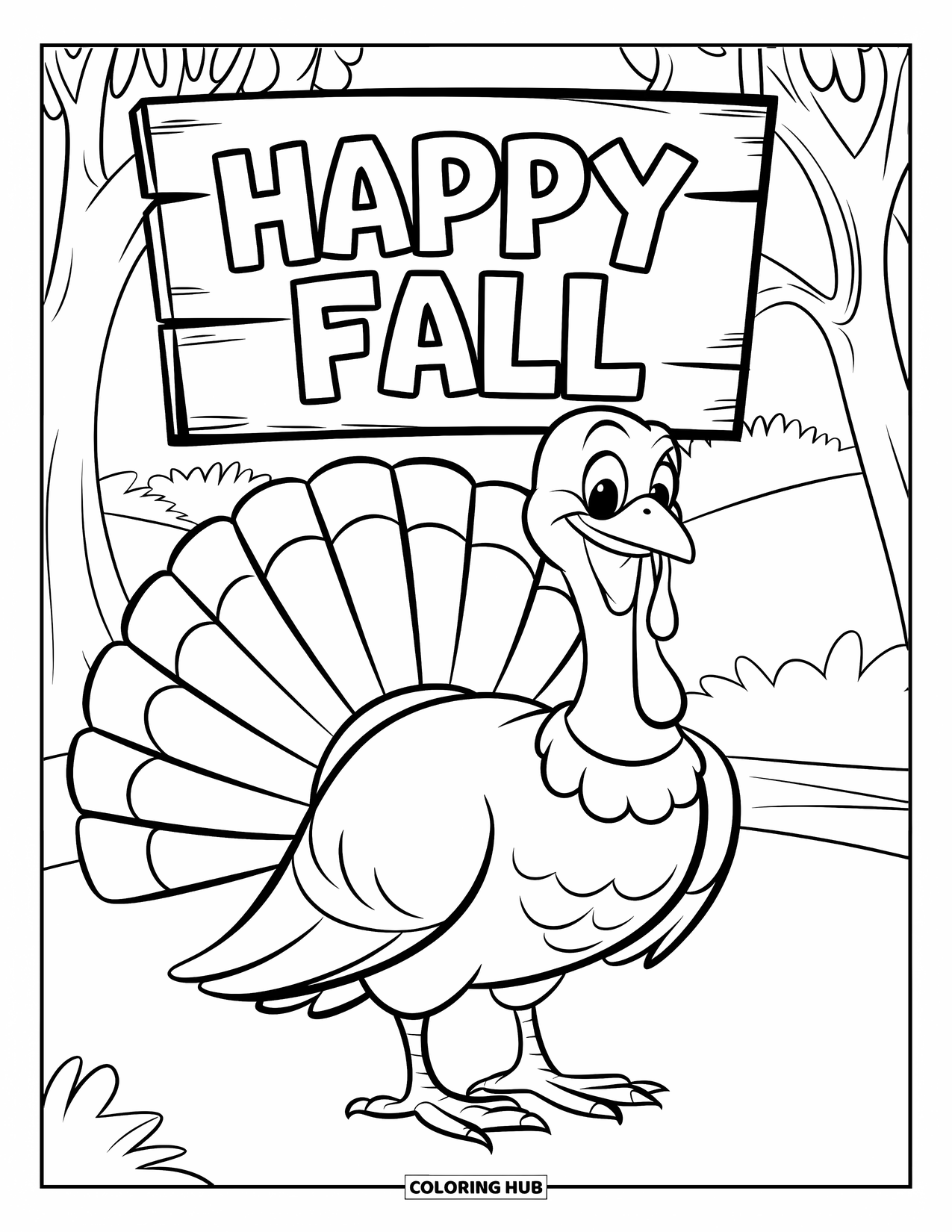 Turkey Coloring Page for Kids: A smiling turkey stands near a fall sign with trees and hills in the background