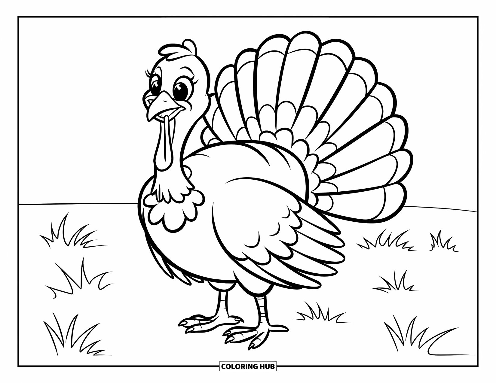Turkey Coloring Page for Kids: A smiling turkey stands proudly in a grassy field