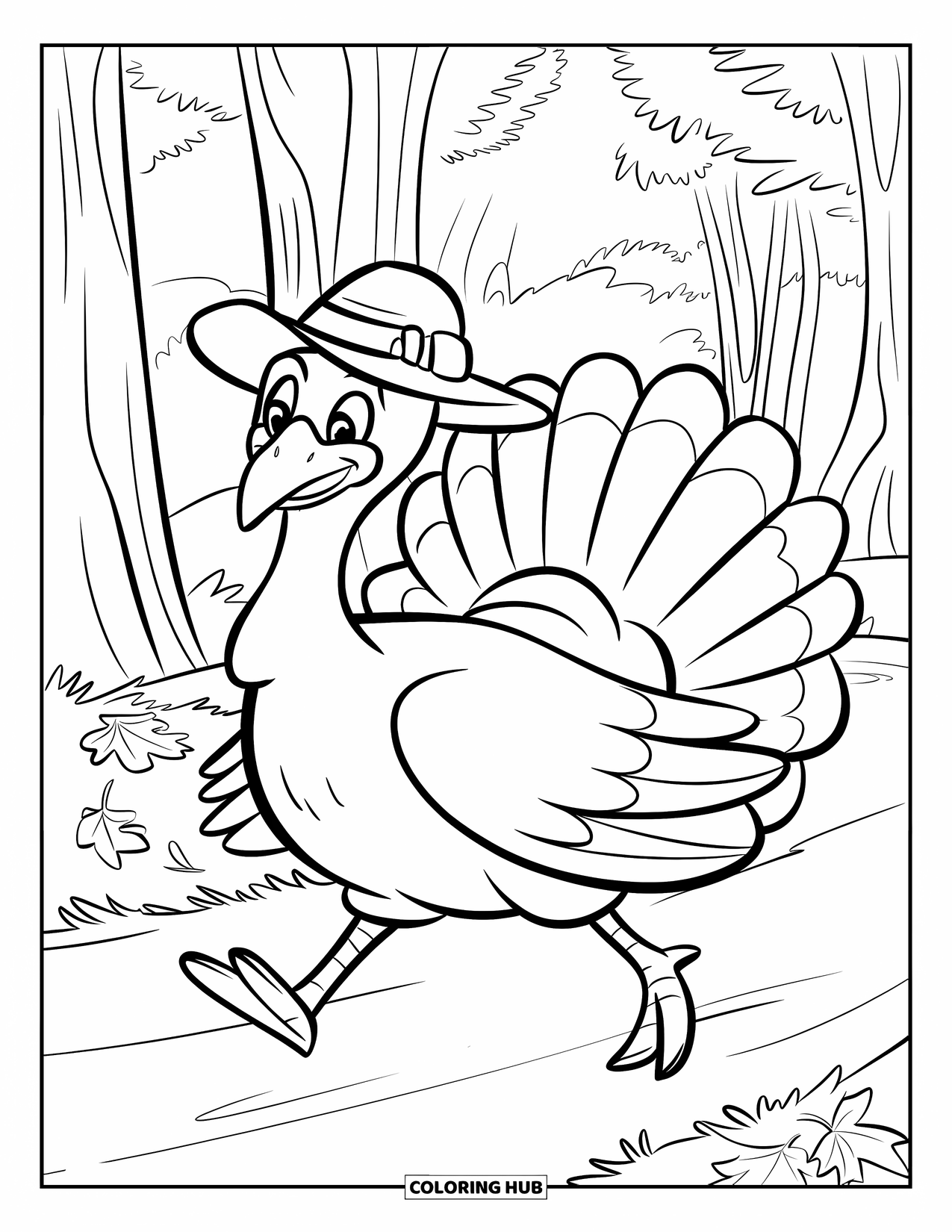 Turkey Coloring Page for Kids: A smiling turkey walks through a leafy forest path in the fall