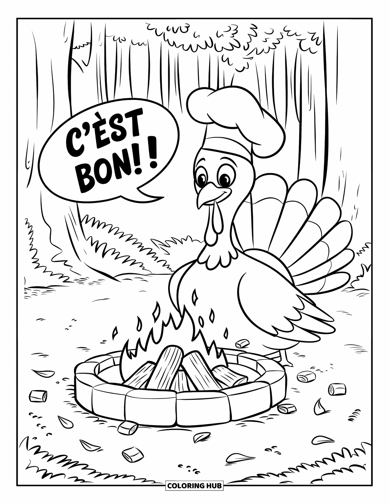 Turkey Coloring Page for Kids: A turkey by the fire smiles with marshmallows and leaves all around