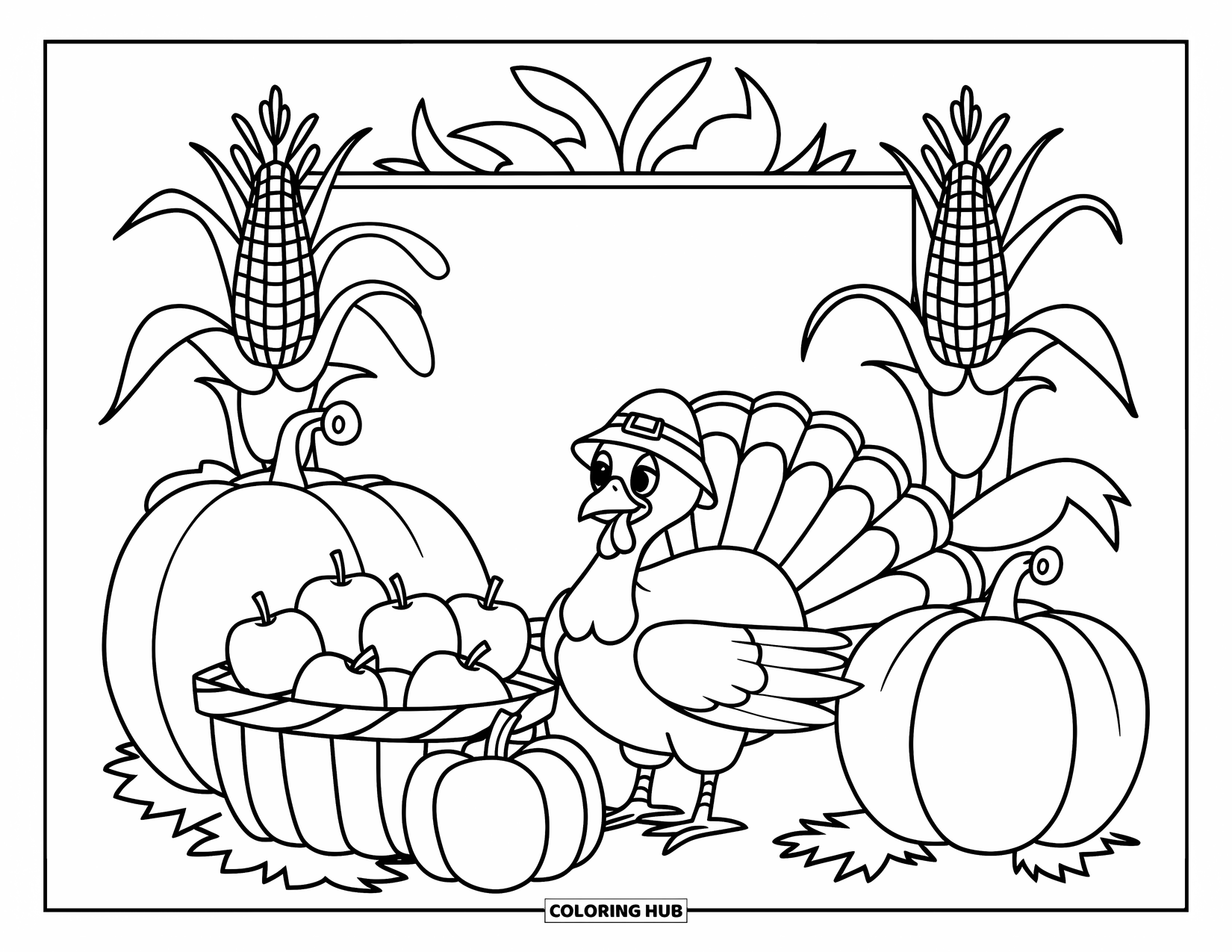 Turkey Coloring Page for Kids: A turkey in a little hat stands near baskets of apples and pumpkins