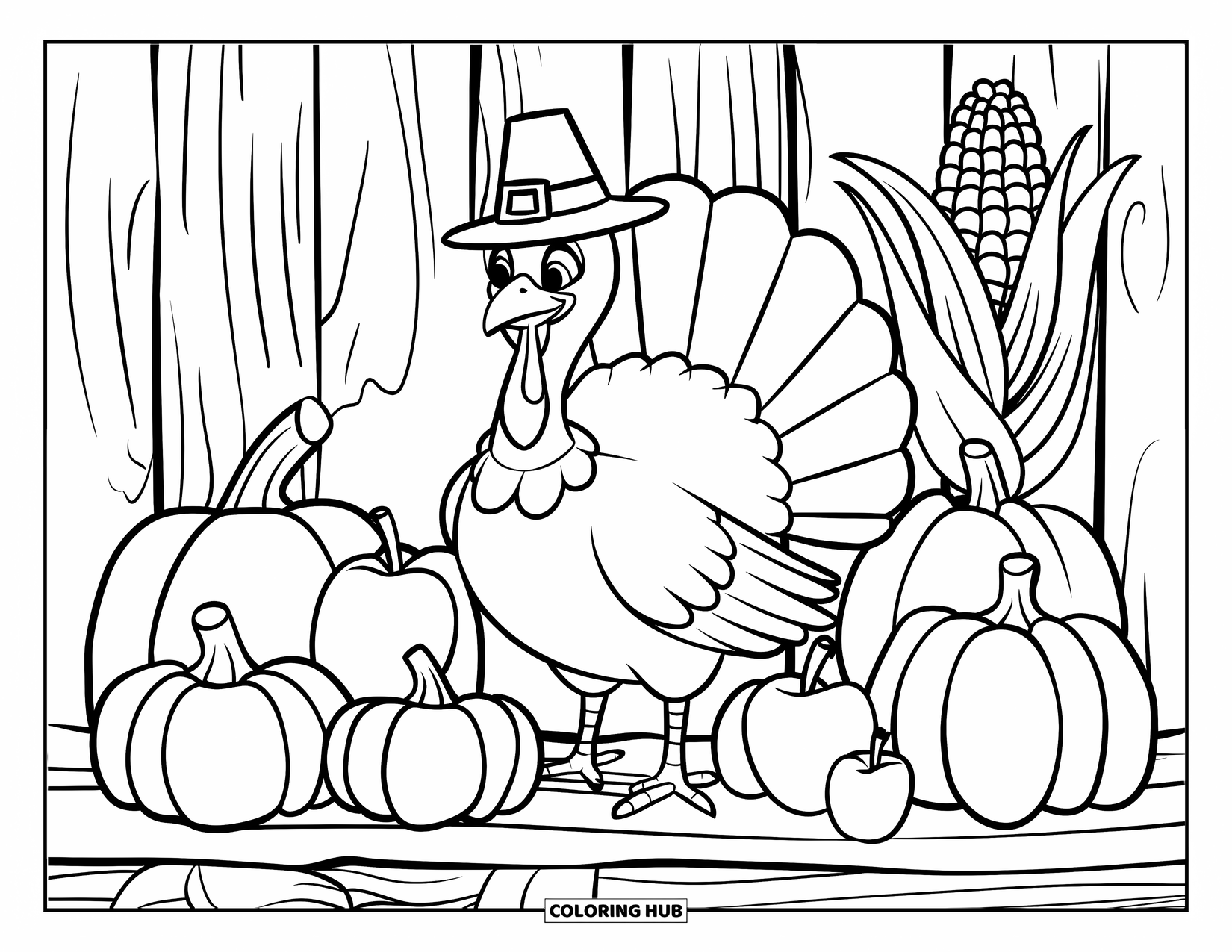 Turkey Coloring Page for Kids: A turkey in a pilgrim hat stands with fall crops on a wooden plank