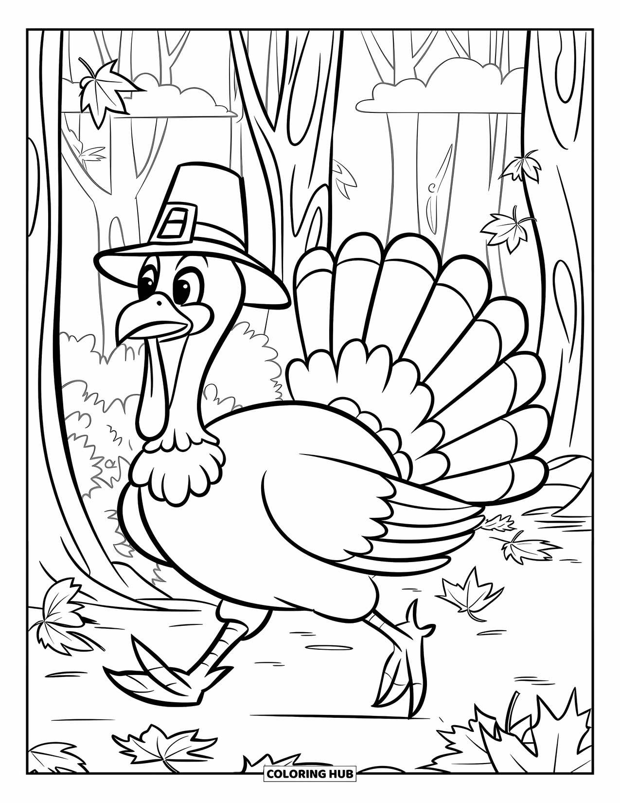 Turkey Coloring Page for Kids: A turkey in a pilgrim hat trots through a forest with critters and falling leaves