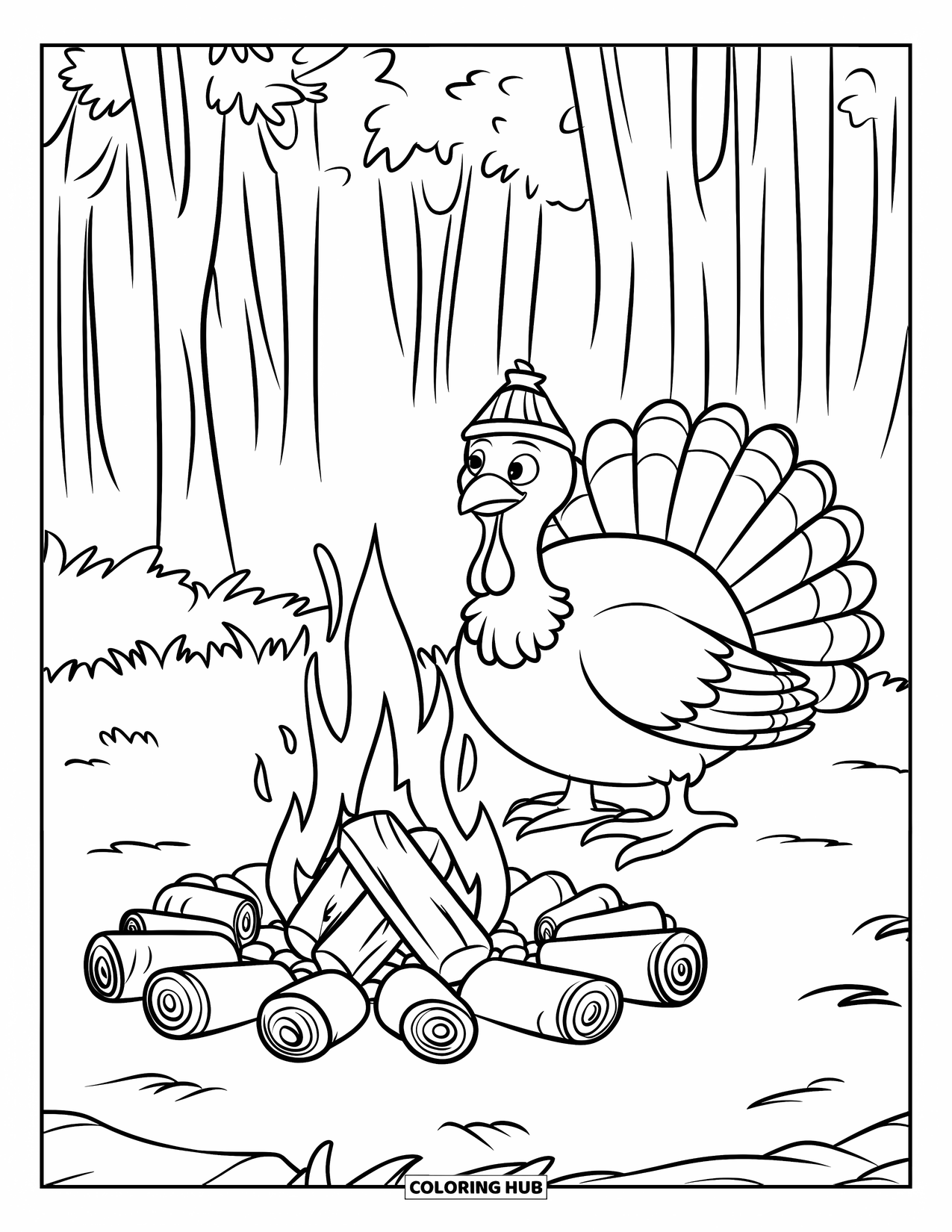 Turkey Coloring Page for Kids: A turkey in a striped hat relaxes by a fire with toasted marshmallows