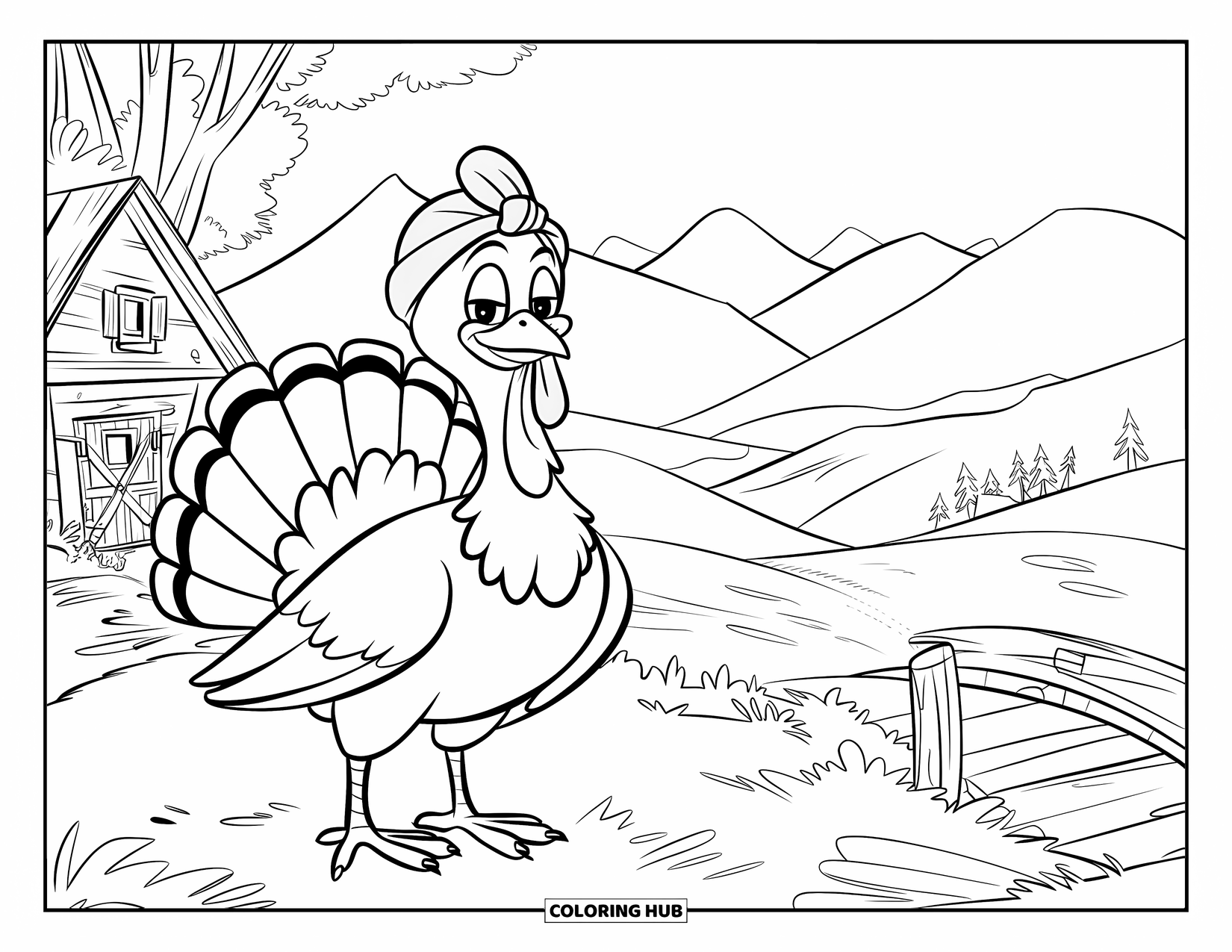 Turkey Coloring Page for Kids: A turkey in a turban stands by a cabin near hills and a wooden bridge
