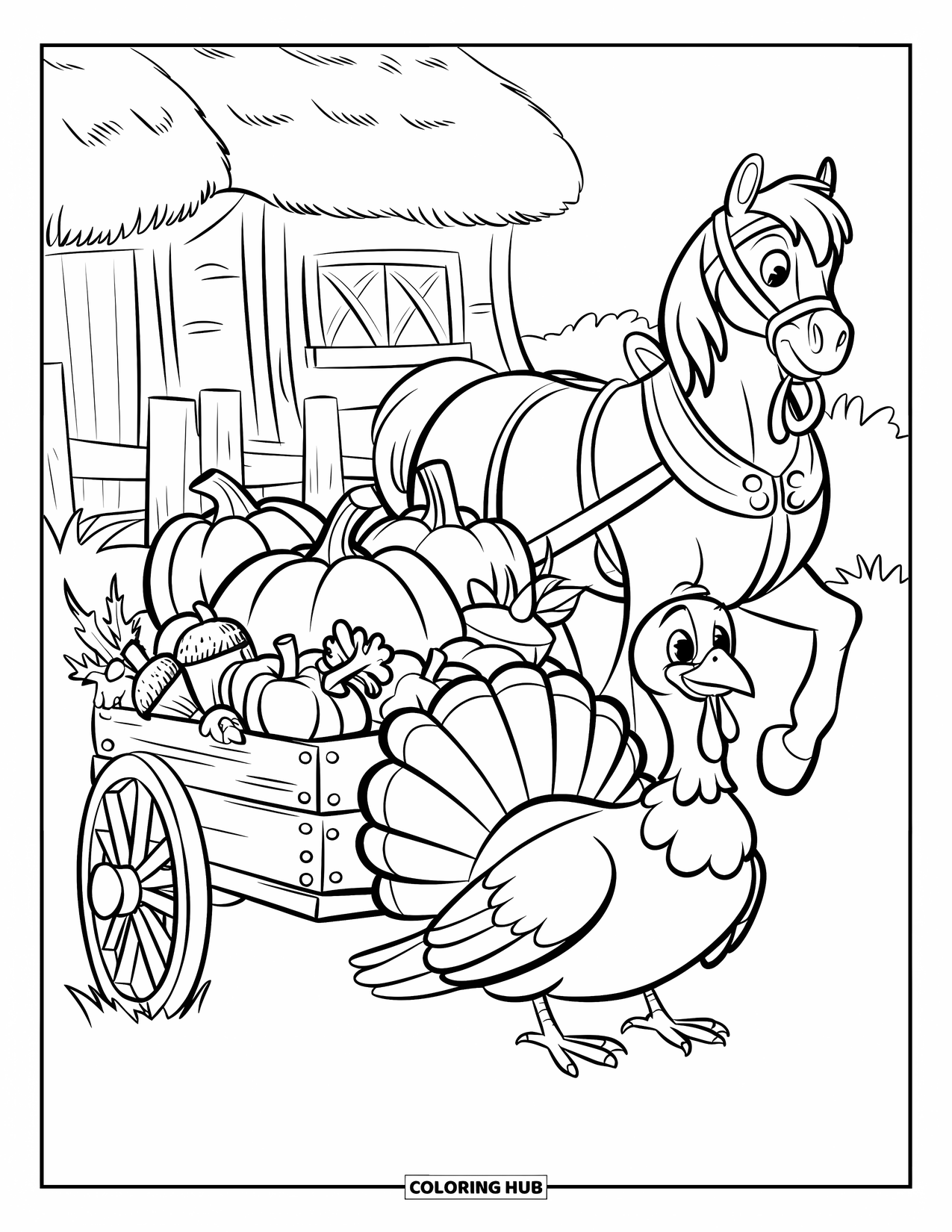 Turkey Coloring Page for Kids: A turkey rests next to a wagon of goodies near a cozy countryside fence