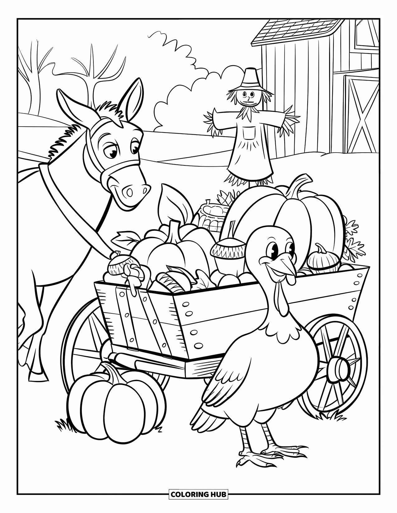 Turkey Coloring Page for Kids: A turkey sits by a wagon of harvest treats with a barn and scarecrow nearby