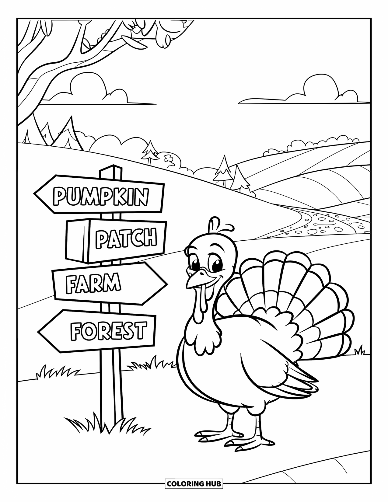 Turkey Coloring Page for Kids: A turkey stands beside a sign pointing to the farm, forest, and pumpkin patch