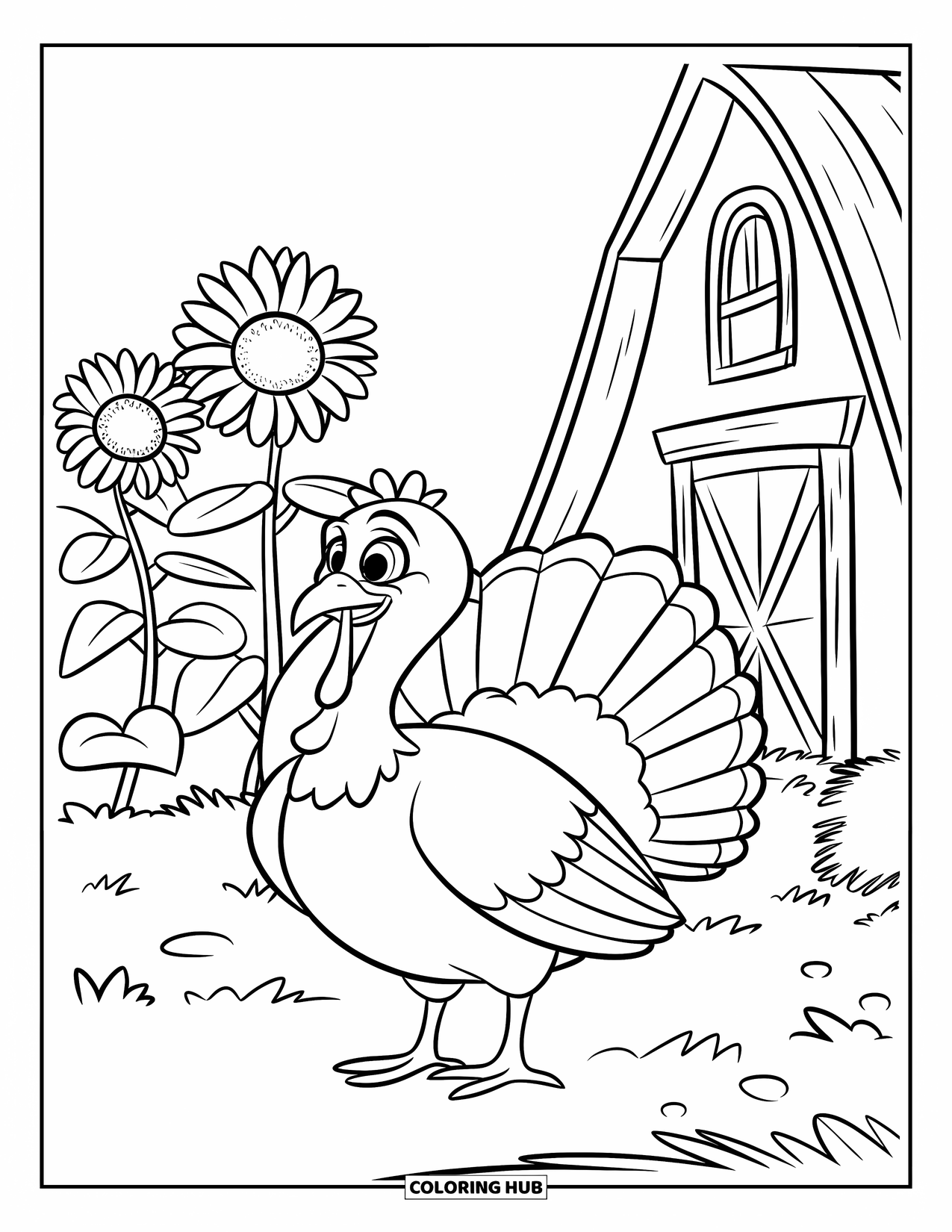 Turkey Coloring Page for Kids: A turkey stands by a cozy barn with tall sunflowers and grassy ground