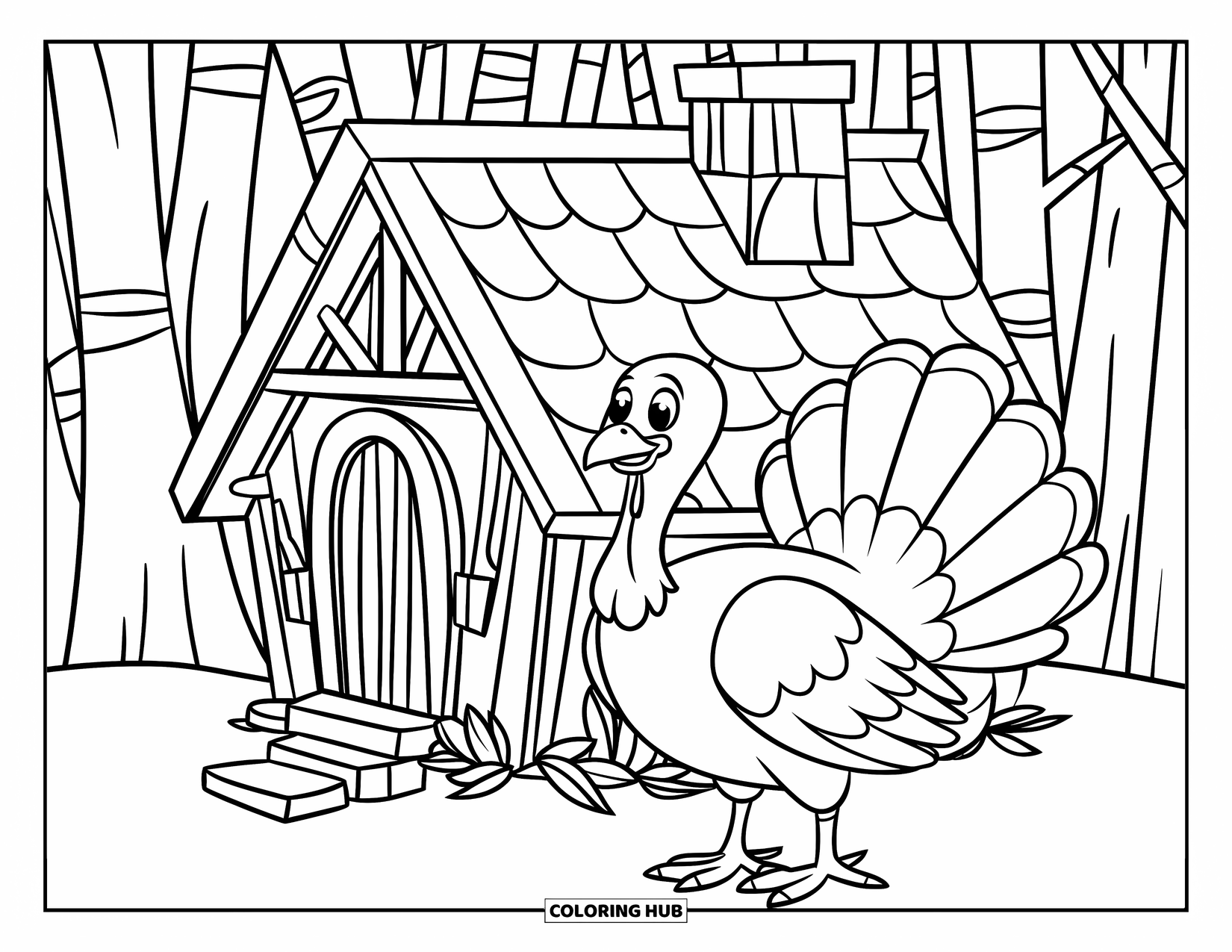 Turkey Coloring Page for Kids: A turkey stands in front of a tiny stick-and-leaf home with a chimney