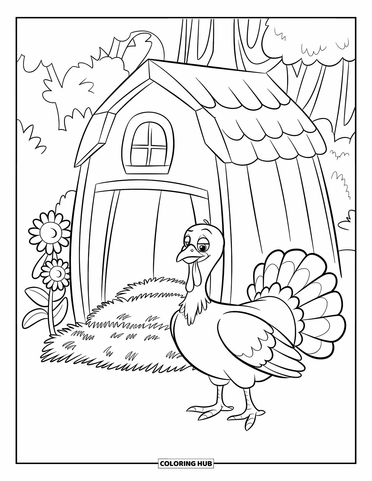 Turkey Coloring Page for Kids: A turkey stands next to a small barn and a sunny patch of sunflowers