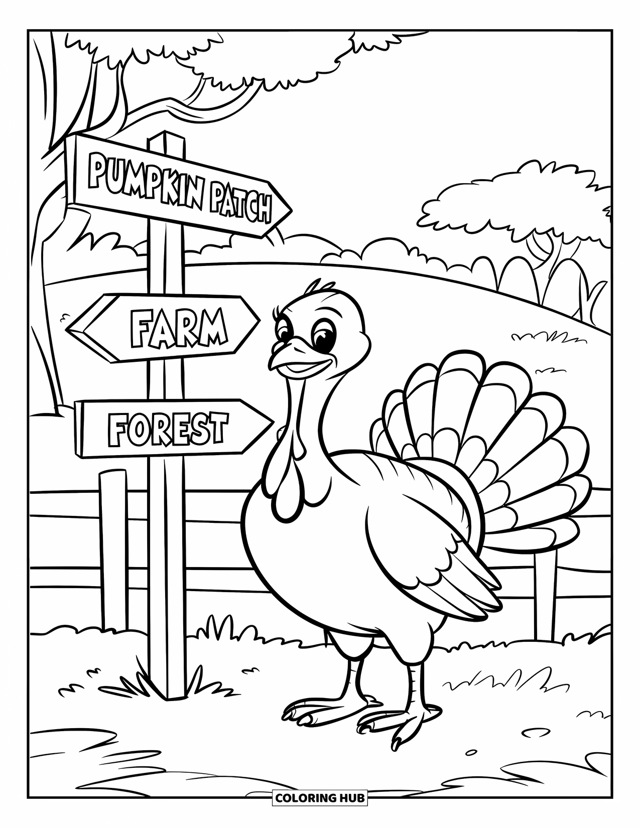 Turkey Coloring Page for Kids: A turkey stands proudly beside a sign pointing to nearby fall spots