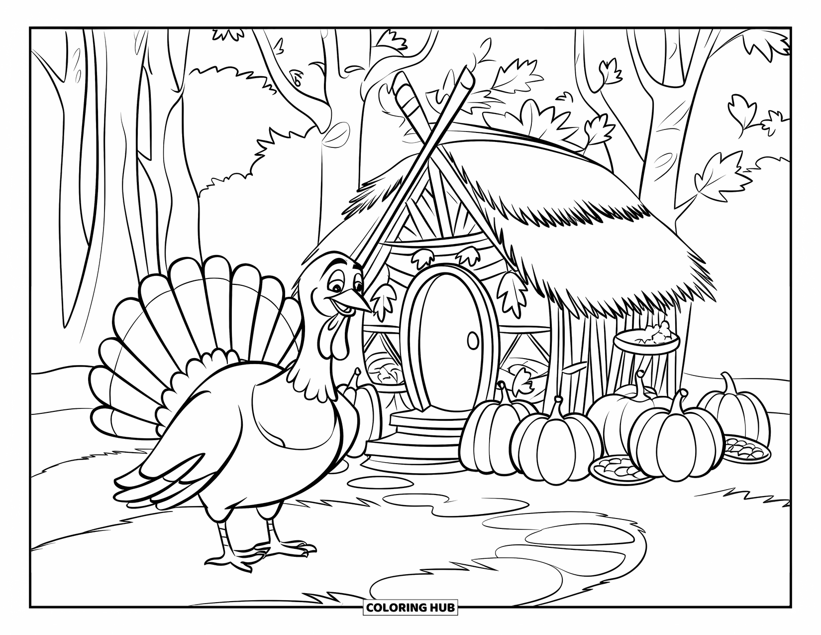 Turkey Coloring Page for Kids: A turkey stands proudly by a little home surrounded by pumpkins and tall trees