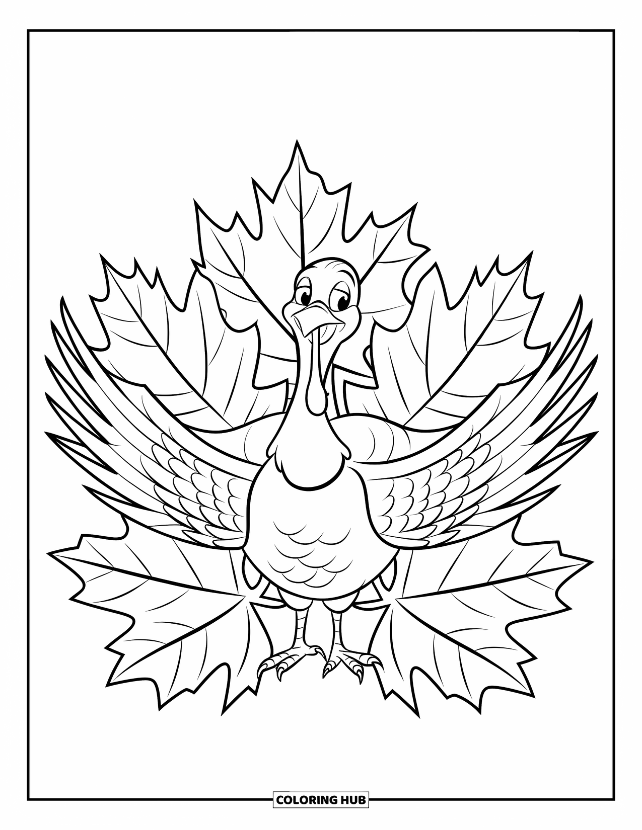 Turkey Coloring Page for Kids: A turkey with a red wattle spreads its wings near detailed maple leaves