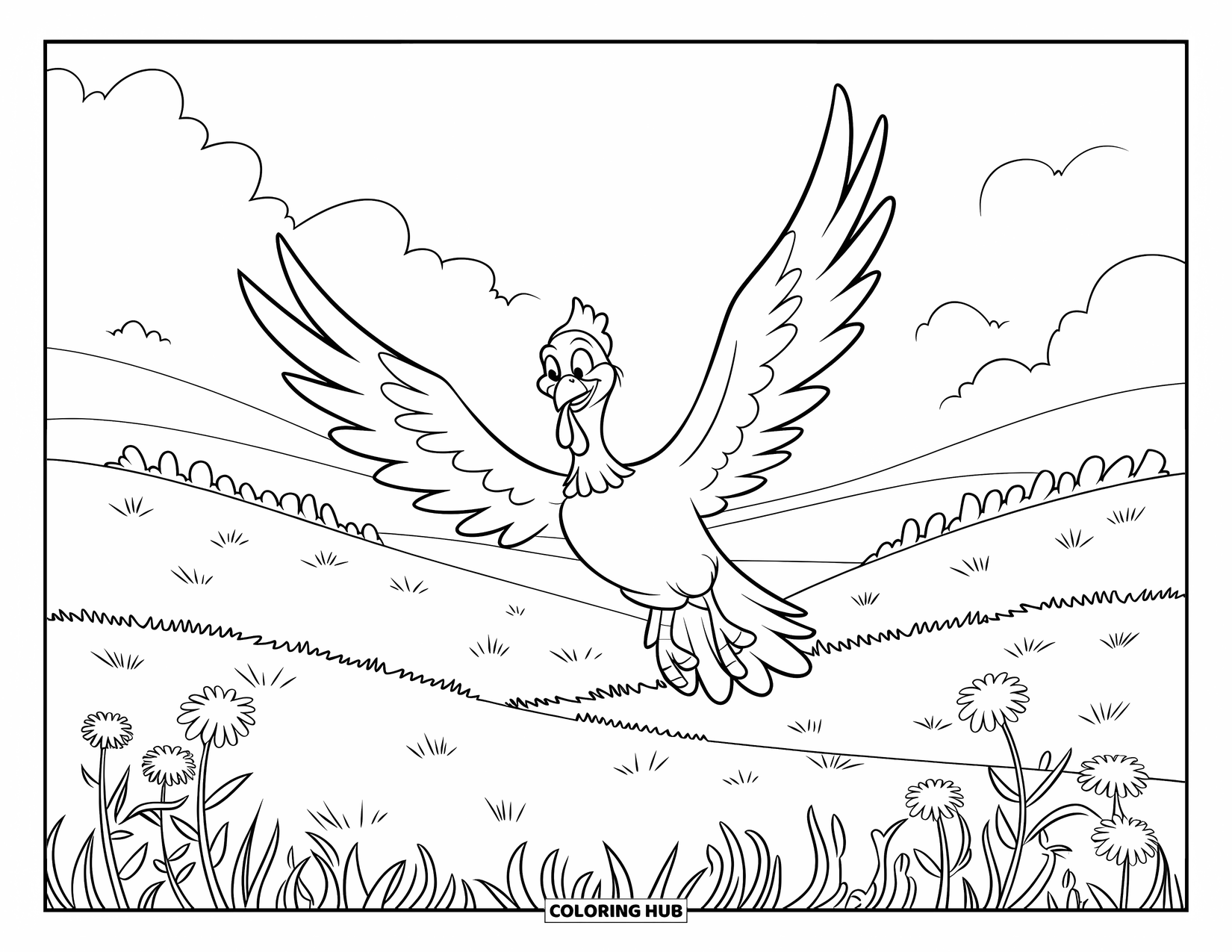 Turkey Coloring Page for Kids: A turkey with an orange head flies over soft grass and purple flowers