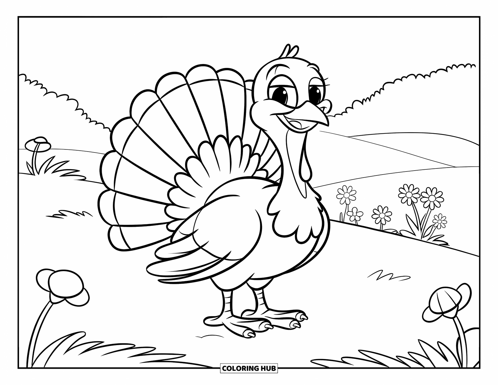 Turkey Coloring Page for Kids: A turkey with cute eyes stands on grass with flowers and hills nearby