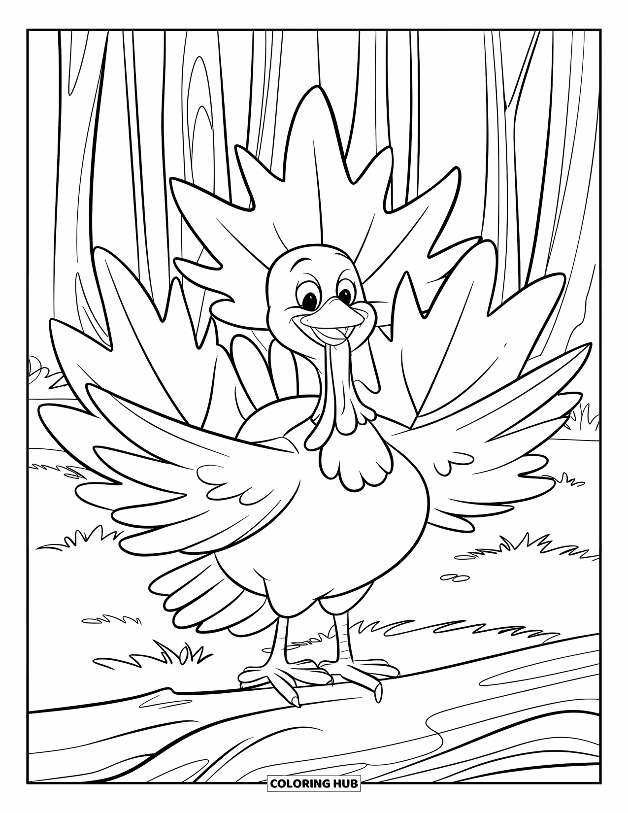 Turkey Coloring Page for Kids: A turkey with open wings stands on a log with maple leaves around