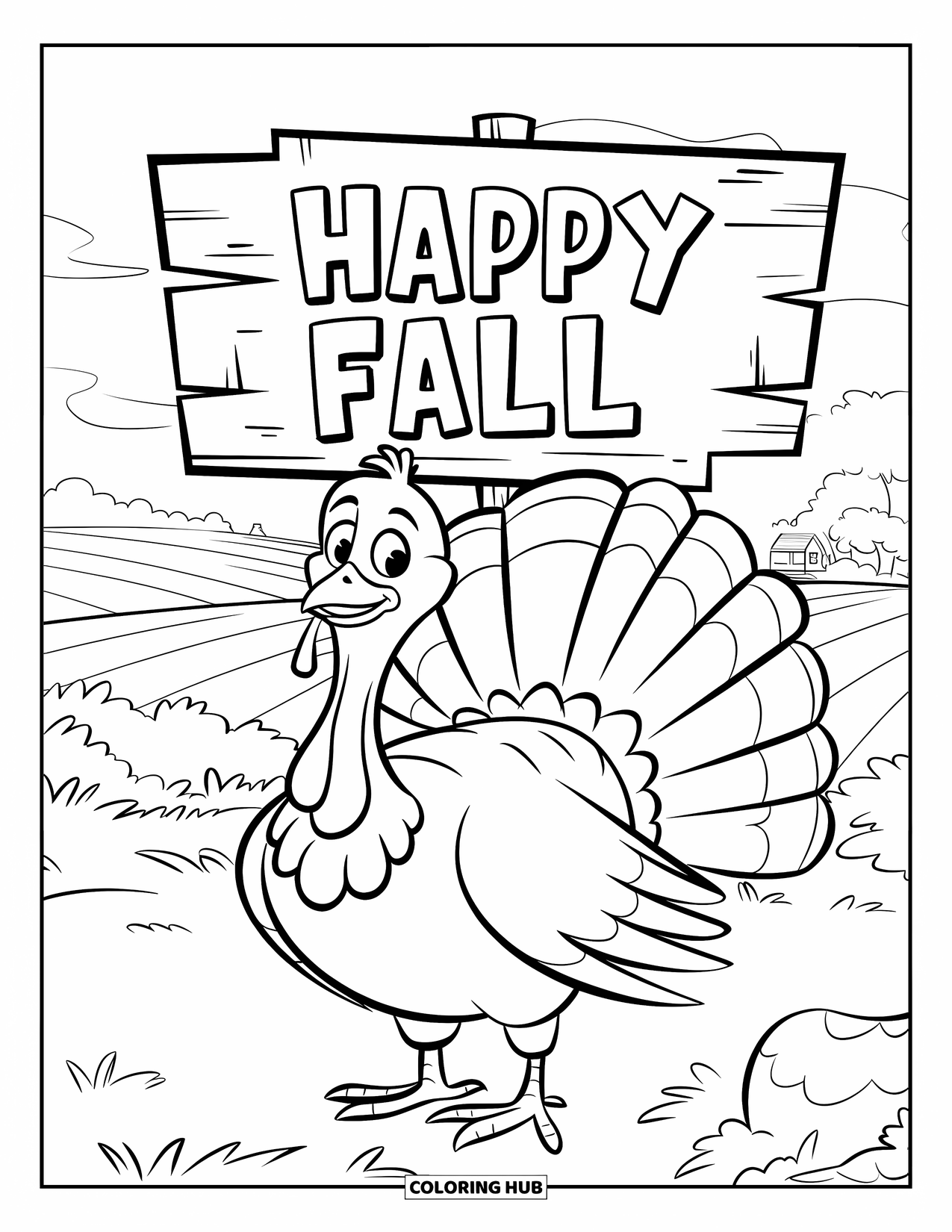 Turkey Coloring Page for Kids: A wide-eyed turkey shows off its feathers beside a rustic "Happy Fall" sign