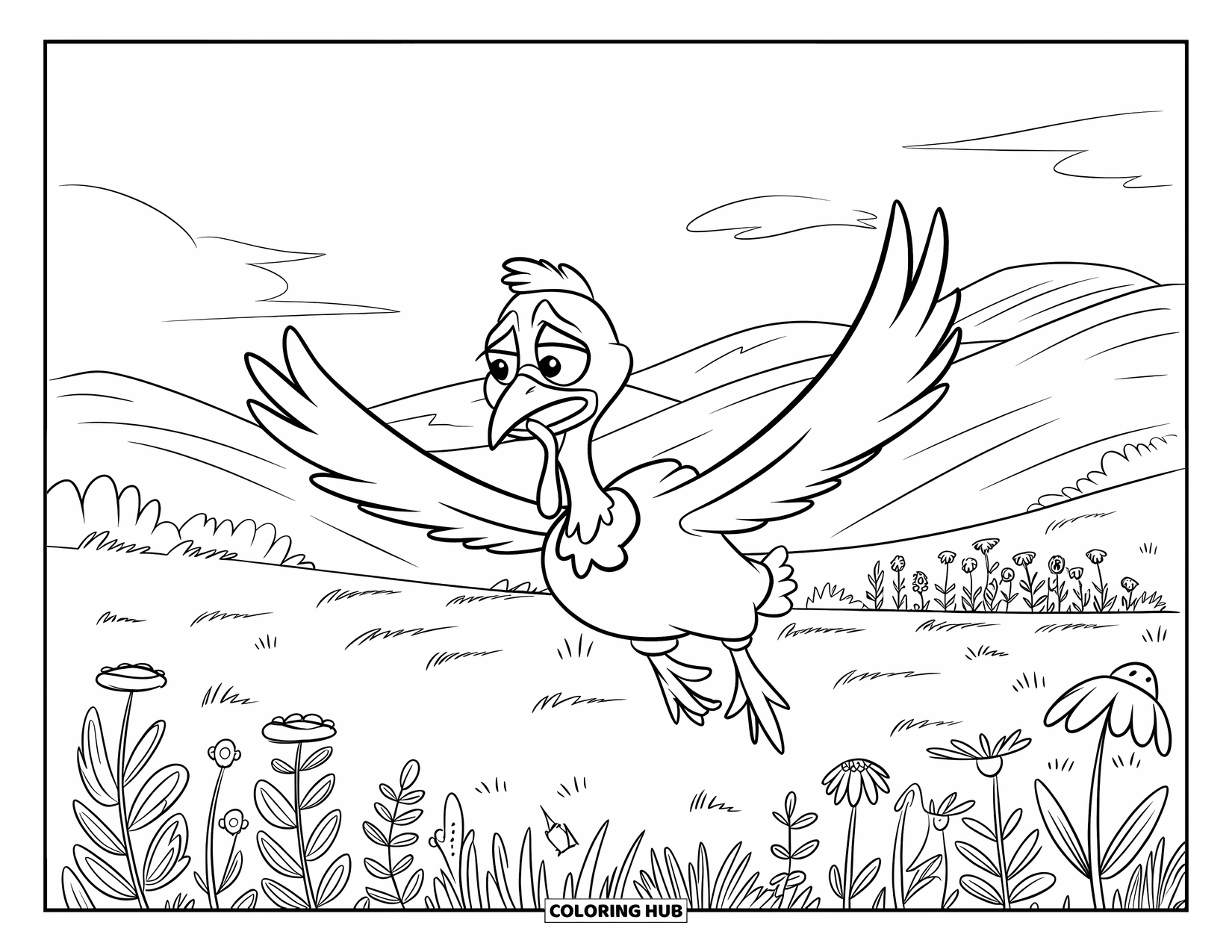 Turkey Coloring Page for Kids: A worried turkey in a shirt flies over blooming wildflowers and rolling hills