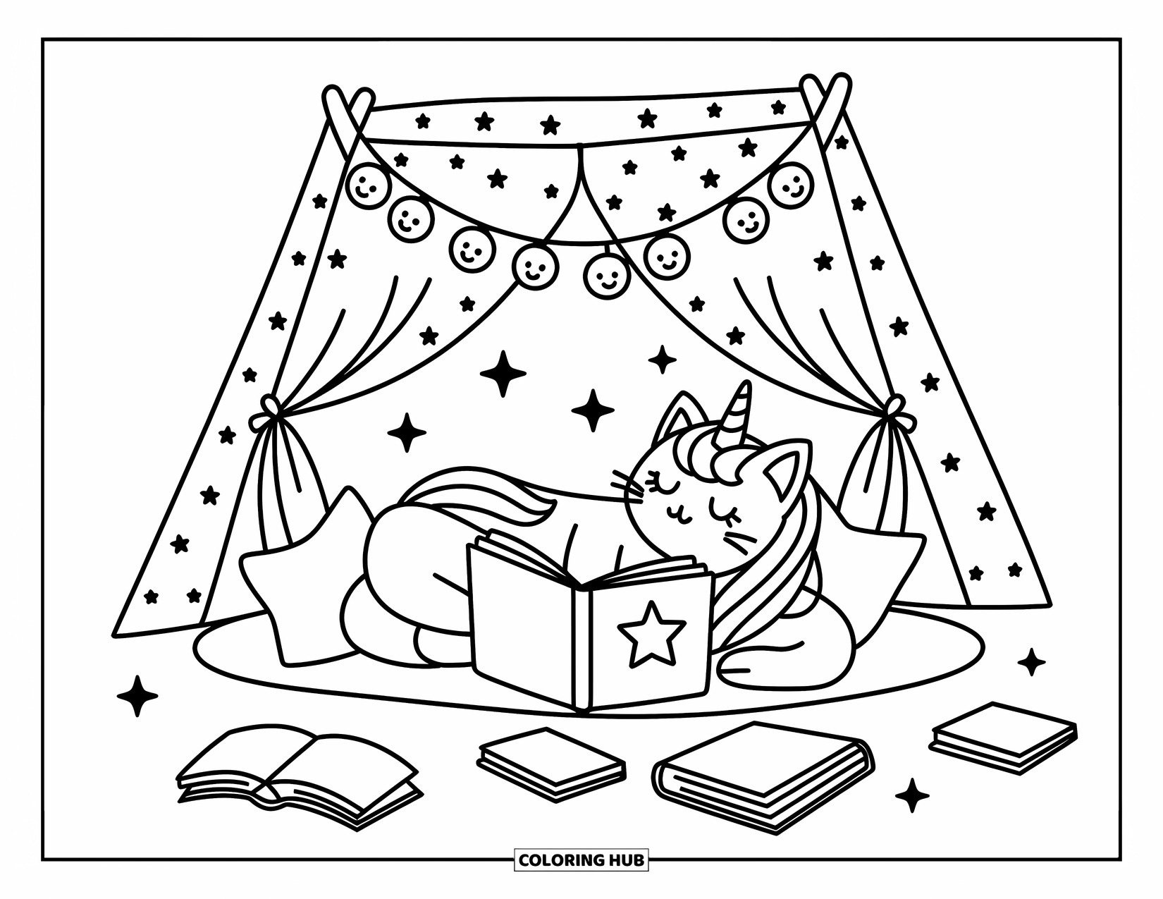 Unicorn Cat Coloring Page for Adults: Unicorn cat curls up in a book-filled tent with stars and soft pillows all around