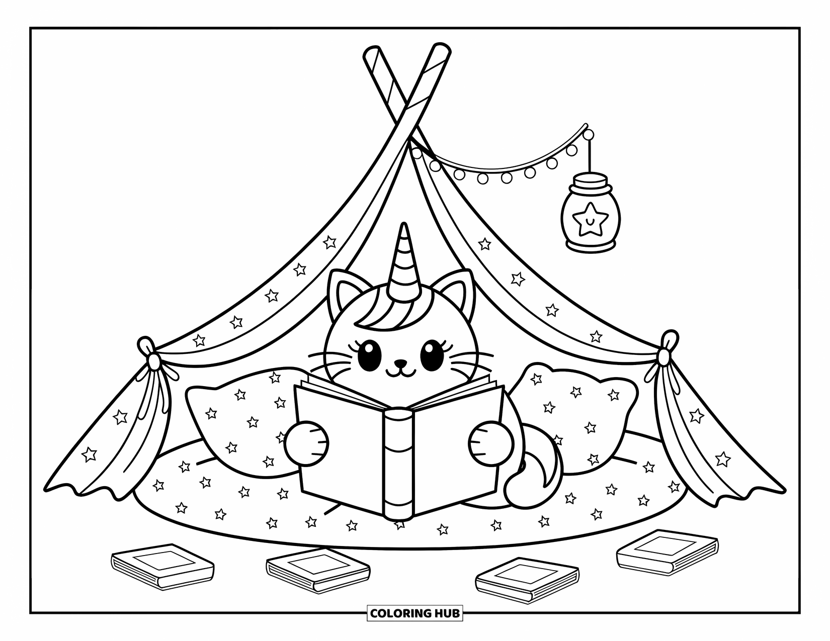 Unicorn Cat Coloring Page for Adults: Unicorn cat lounges in a tent with a book, pillows, and a glowing lantern