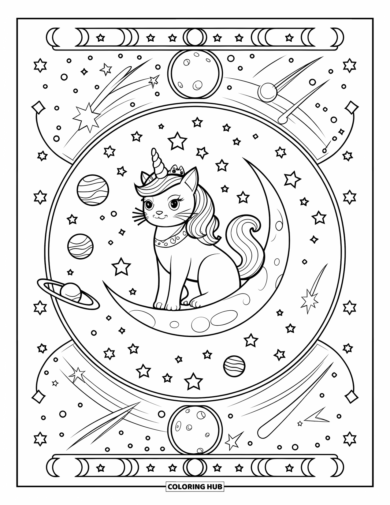 Unicorn Cat Coloring Page for Adults: Unicorn cat perches on a moon wearing a crown in a star-filled night sky