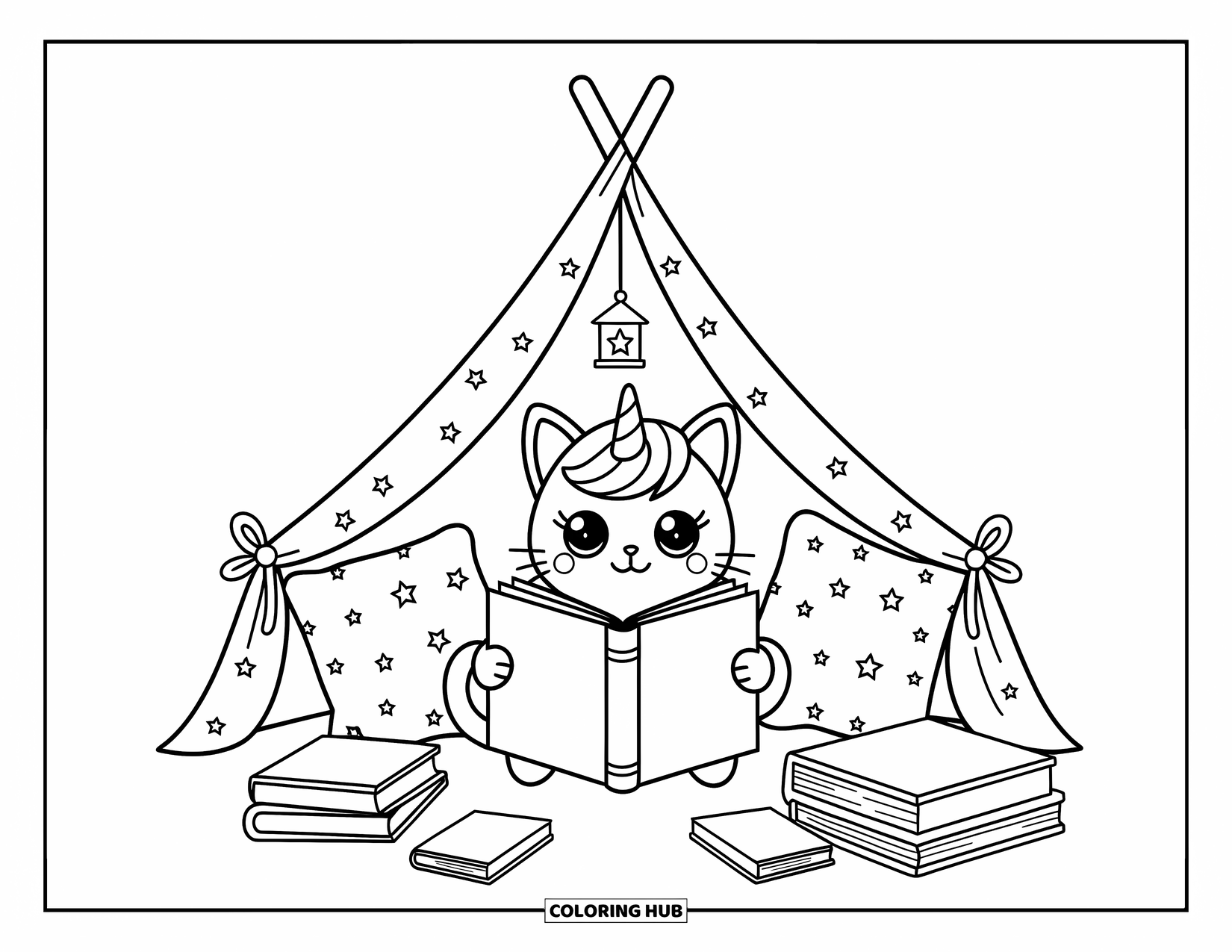 Unicorn Cat Coloring Page for Adults: Unicorn cat relaxes in a cozy tent filled with pillows, books, and a hanging lantern