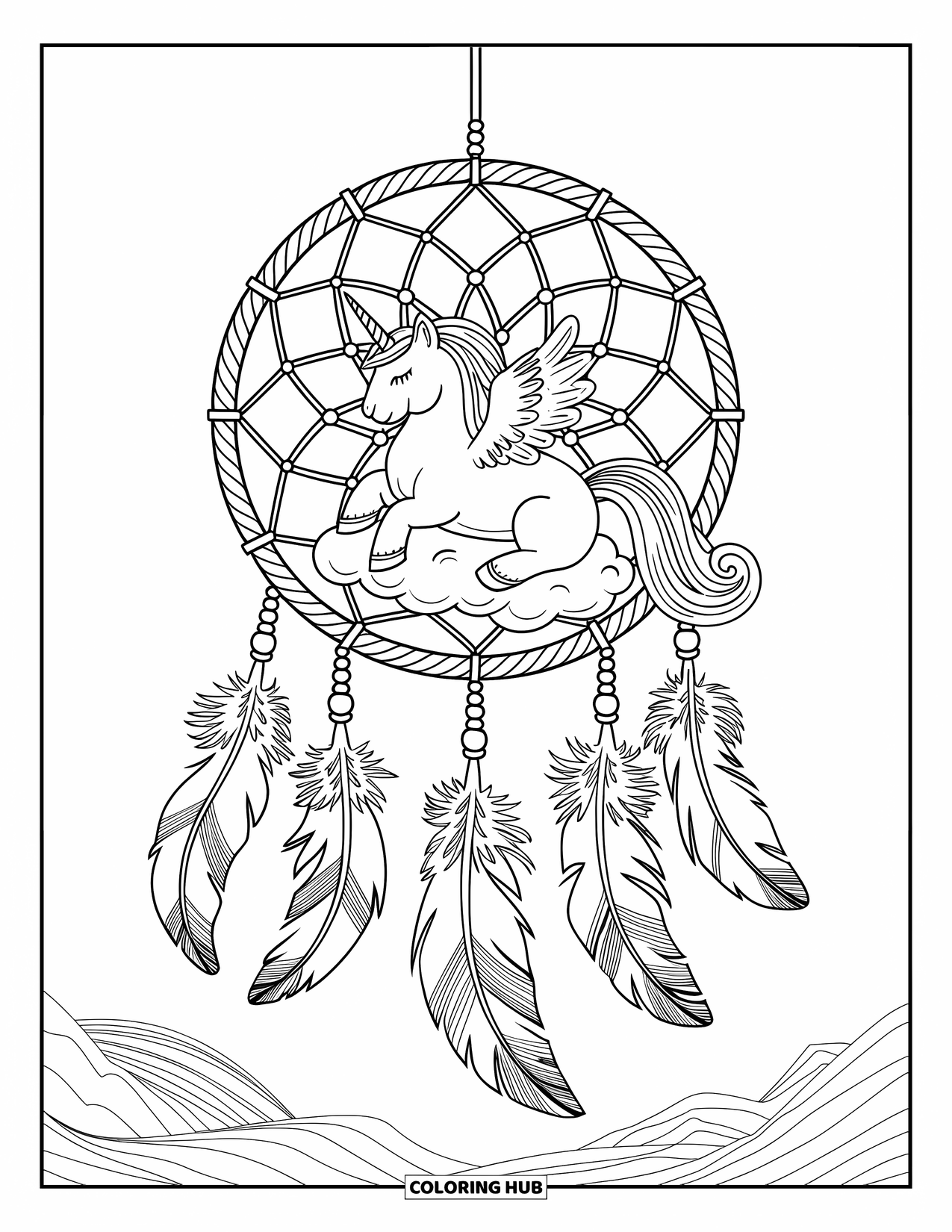 Unicorn Cat Coloring Page for Adults: Unicorn cat sits in a dreamcatcher with wings and a cloud under a calm sky