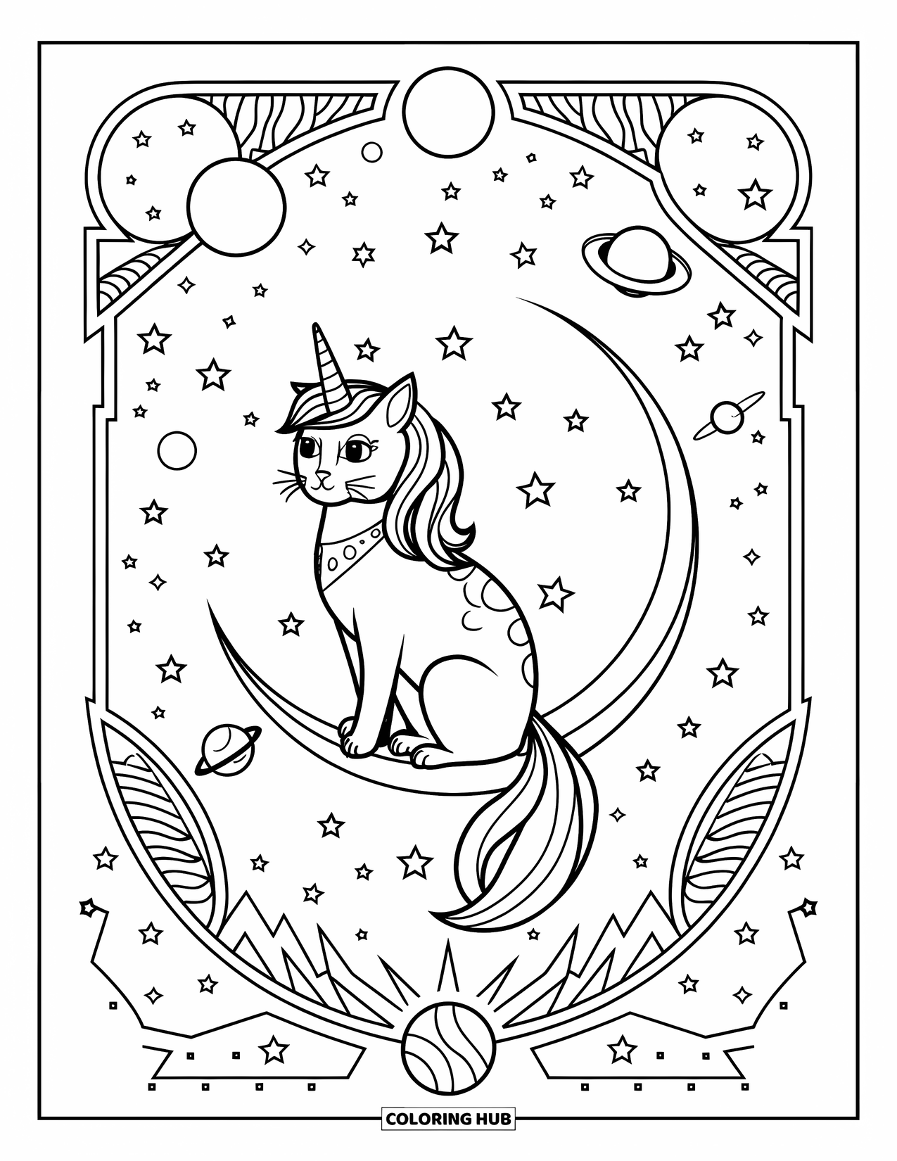 Unicorn Cat Coloring Page for Adults: Unicorn cat sits on a moon with stars, comets, and planets all around
