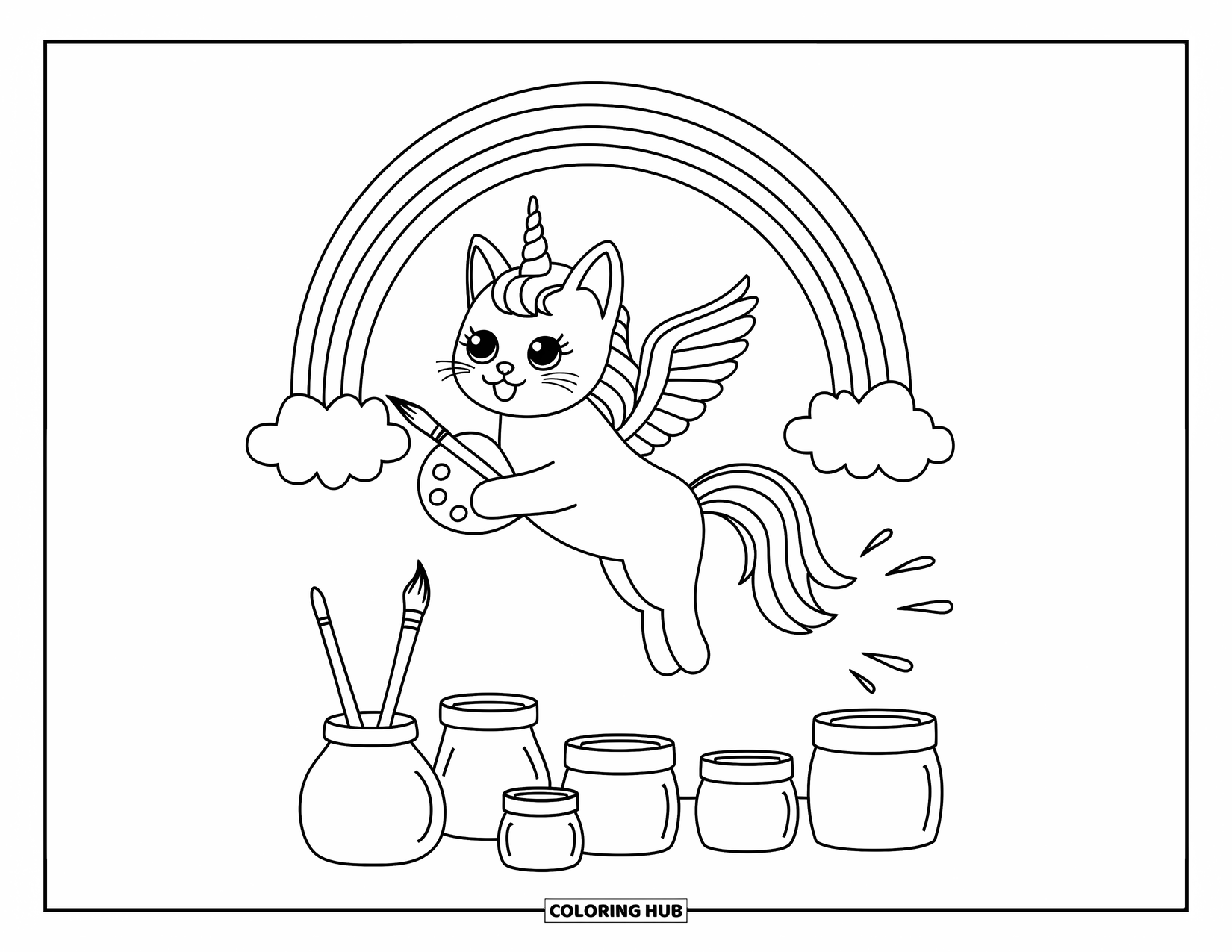 Unicorn Cat Coloring Page for Adults: Unicorn cat with fluffy wings paints rainbow trails from a magic brush in the sky
