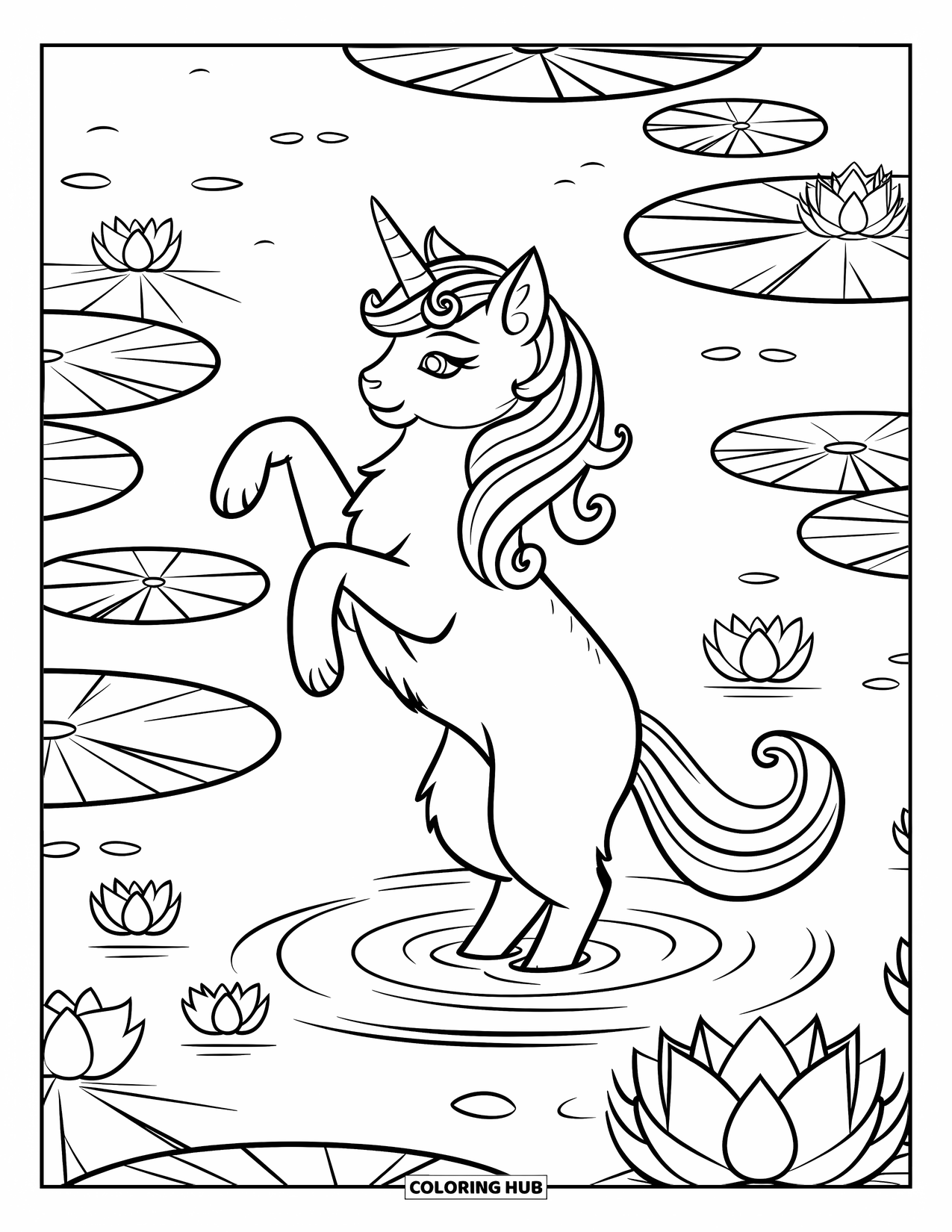 Unicorn Cat Coloring Page for Kids: Unicorn cat dances on calm water surrounded by gentle lotus flowers