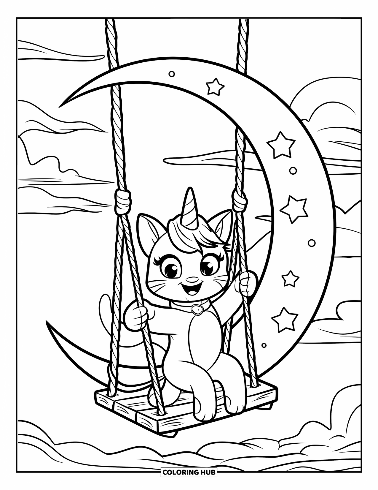 Unicorn Cat Coloring Page for Kids: Unicorn cat plays on a swing tied to a crescent moon in the night sky