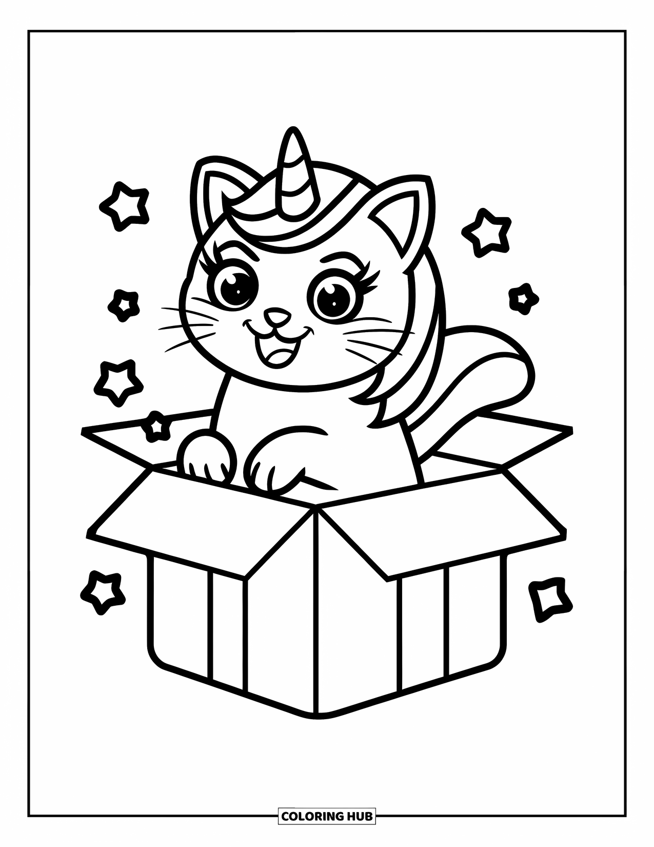 Unicorn Cat Coloring Page for Kids: Unicorn cat pops out of a gift box surrounded by cheerful stars